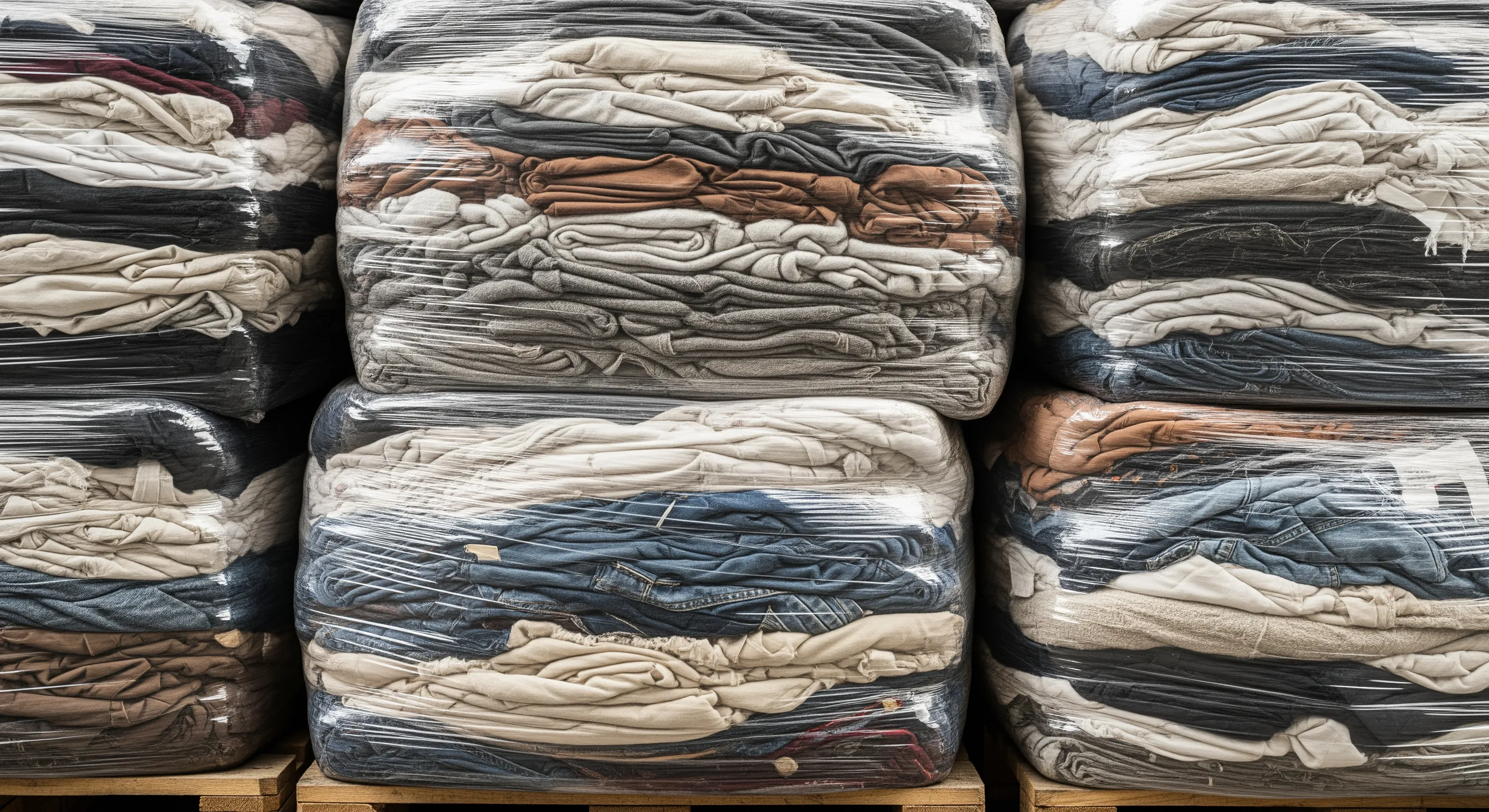 Detail of wrapped clothing bales stacked on pallets, showing texture and bulk packaging for wholesale
