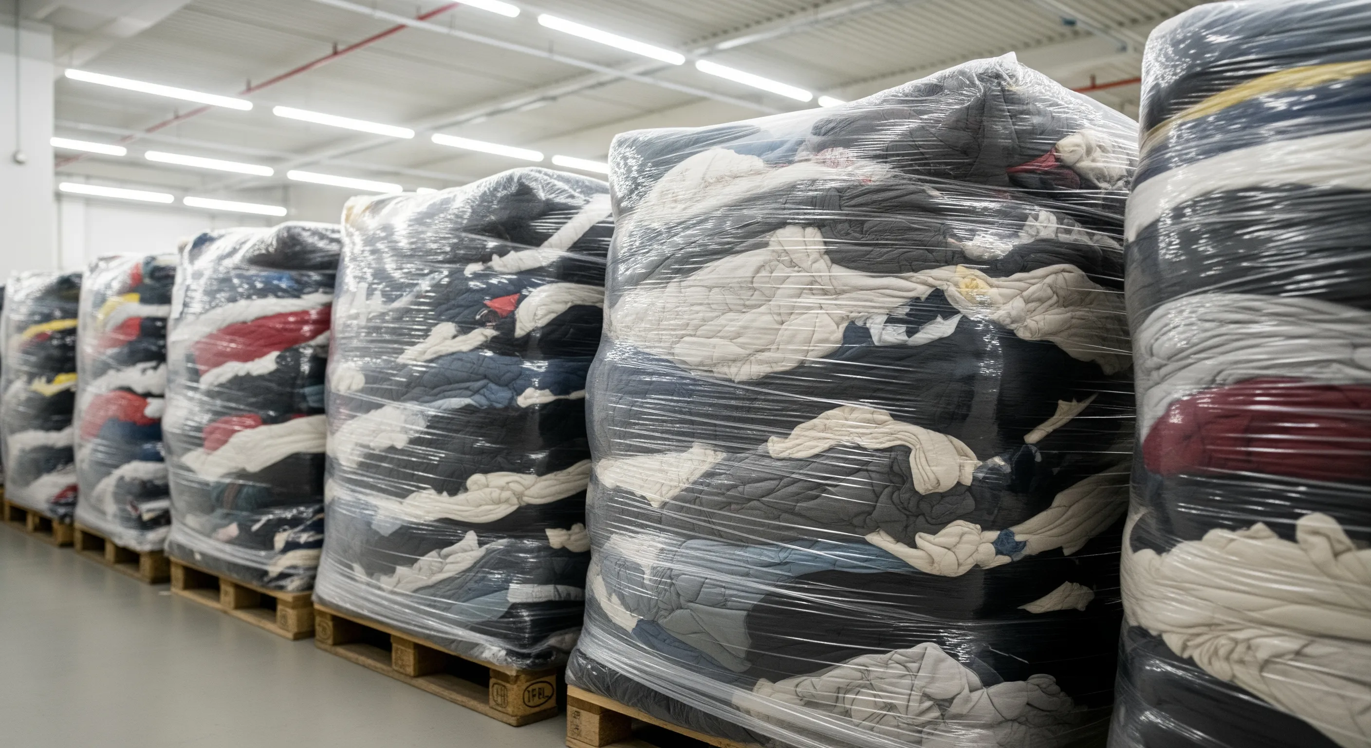 Mid-shot of wrapped second-hand clothing bales on pallets in a warehouse, highlighting bulk packaging textures