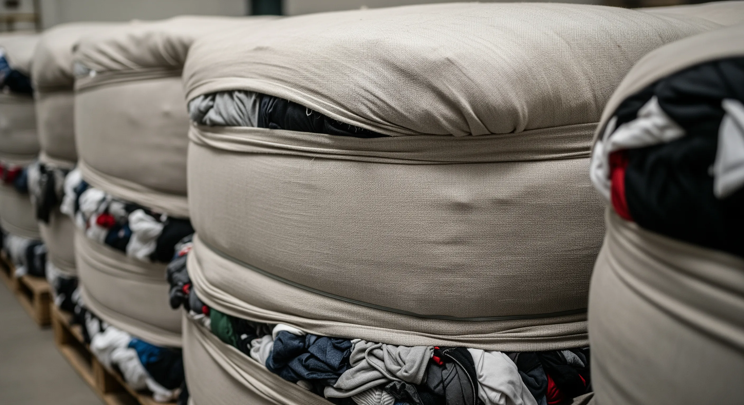 Close view of tightly wrapped bales of used clothing on pallets inside a bright and clean warehouse.