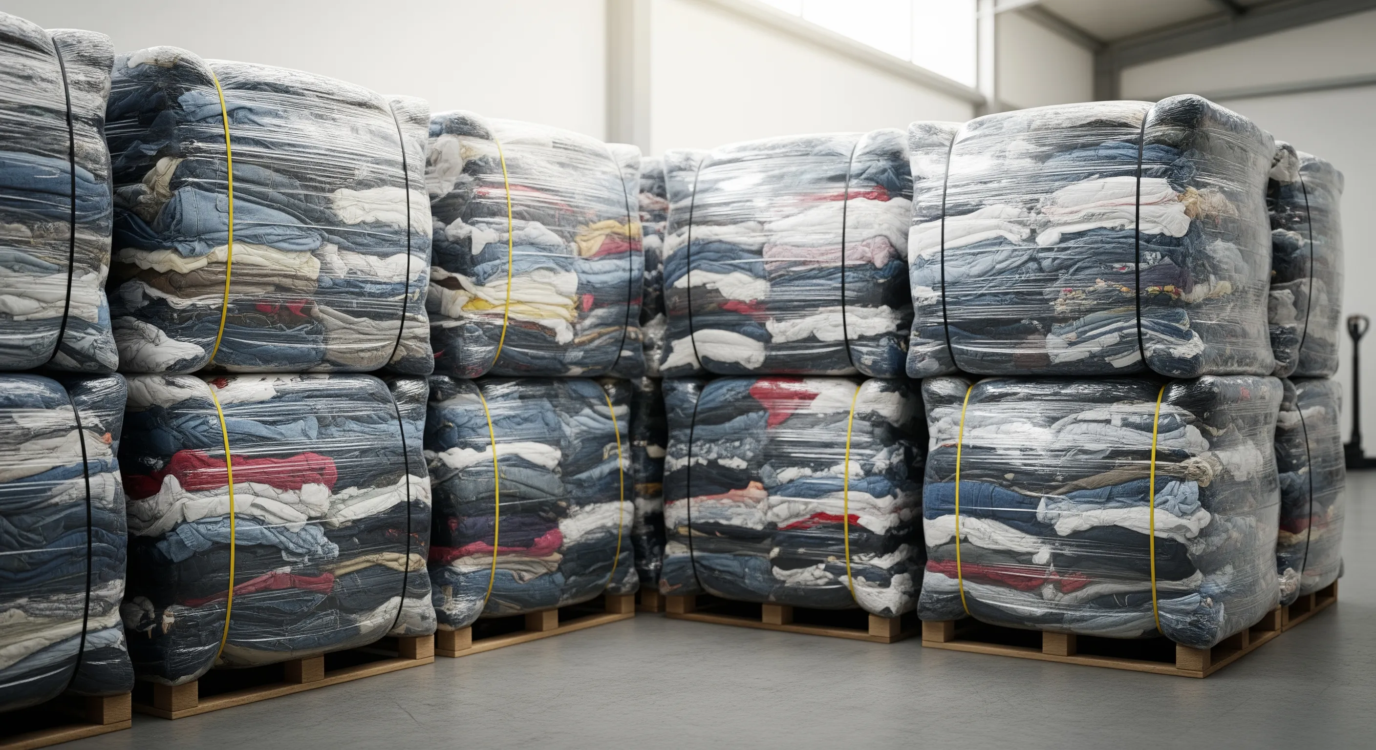 Close view of tightly wrapped bales of vintage clothing stacked on pallets in a warehouse environment.