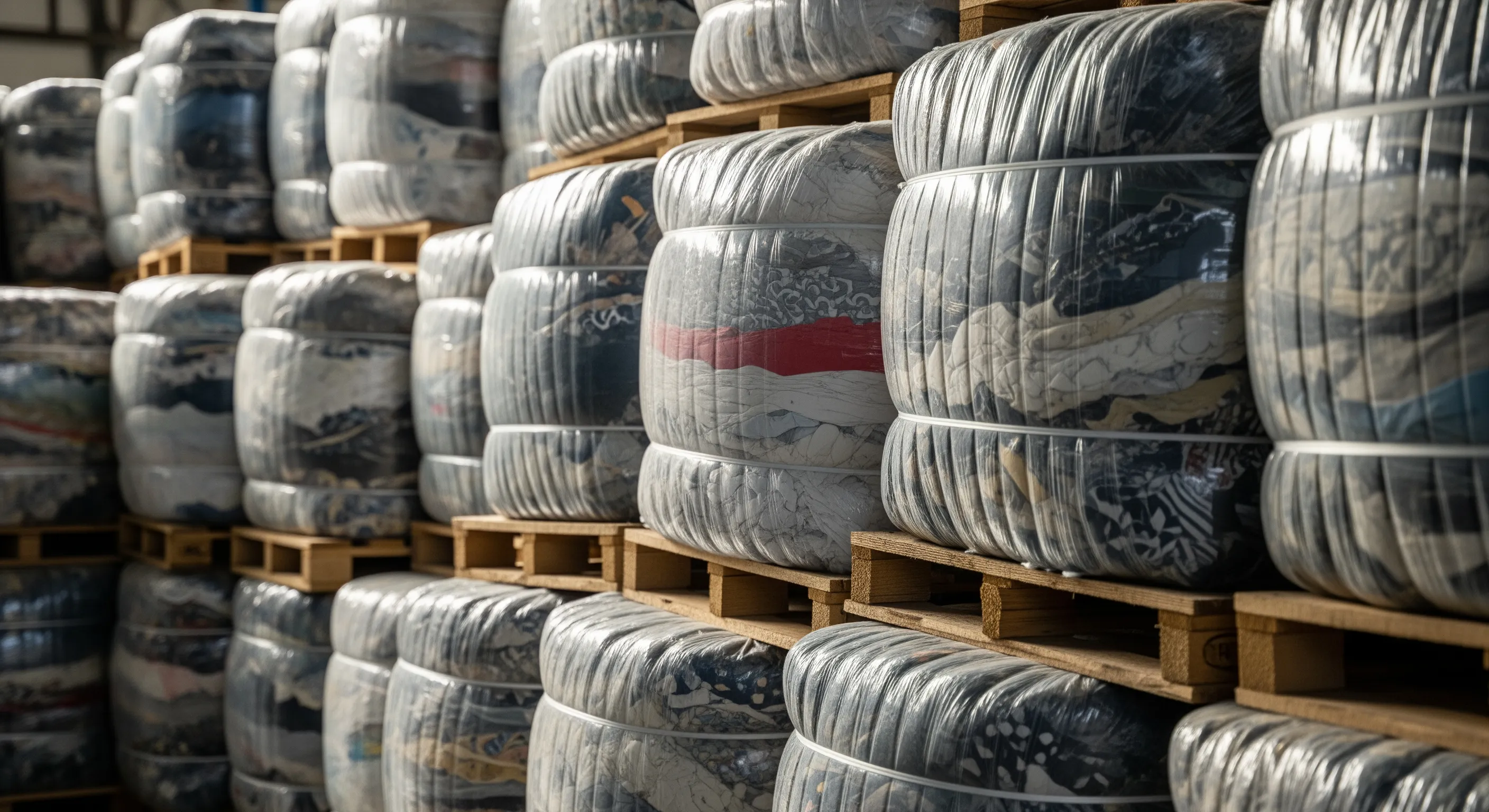 Close look at wrapped bales of second-hand wholesale clothing stacked neatly on pallets in a clean warehouse