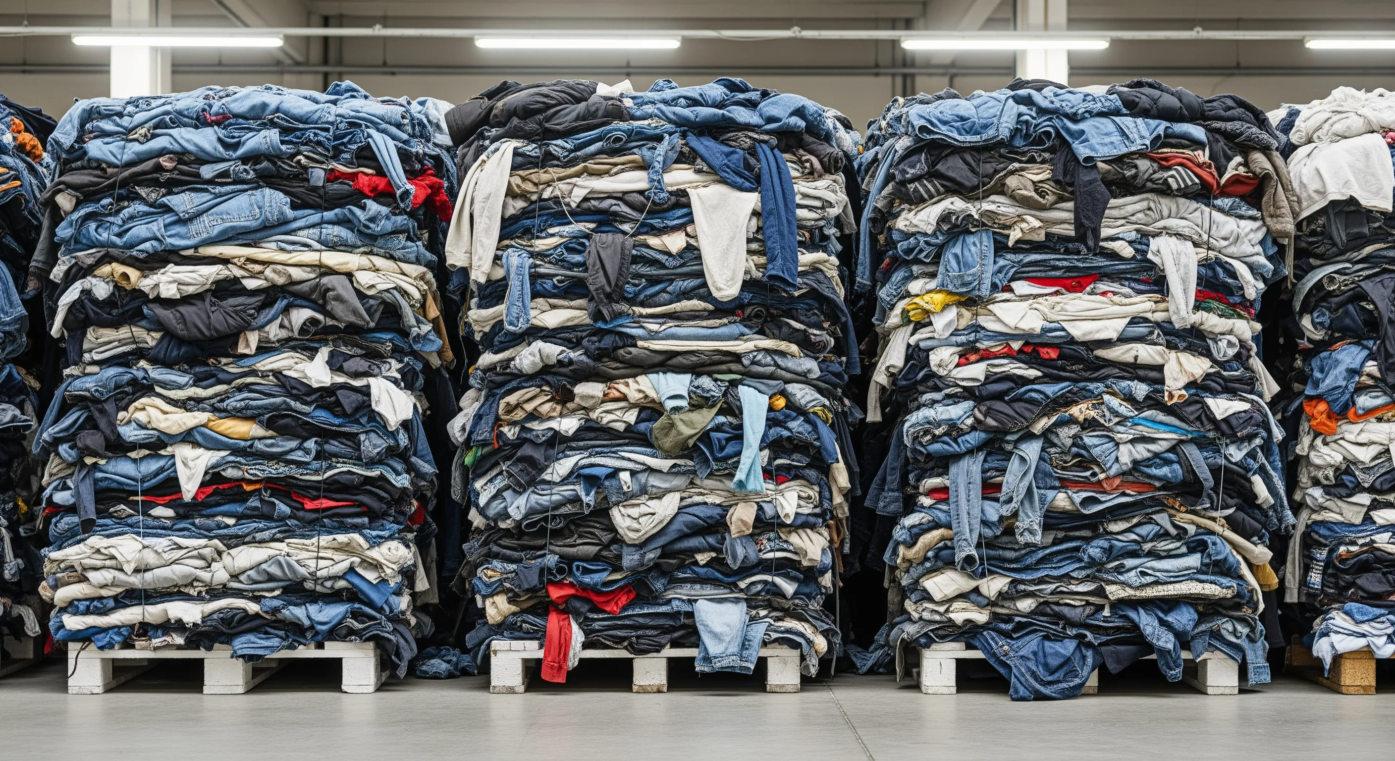 Close view of tightly packed bales of assorted vintage clothing on pallets inside warehouse