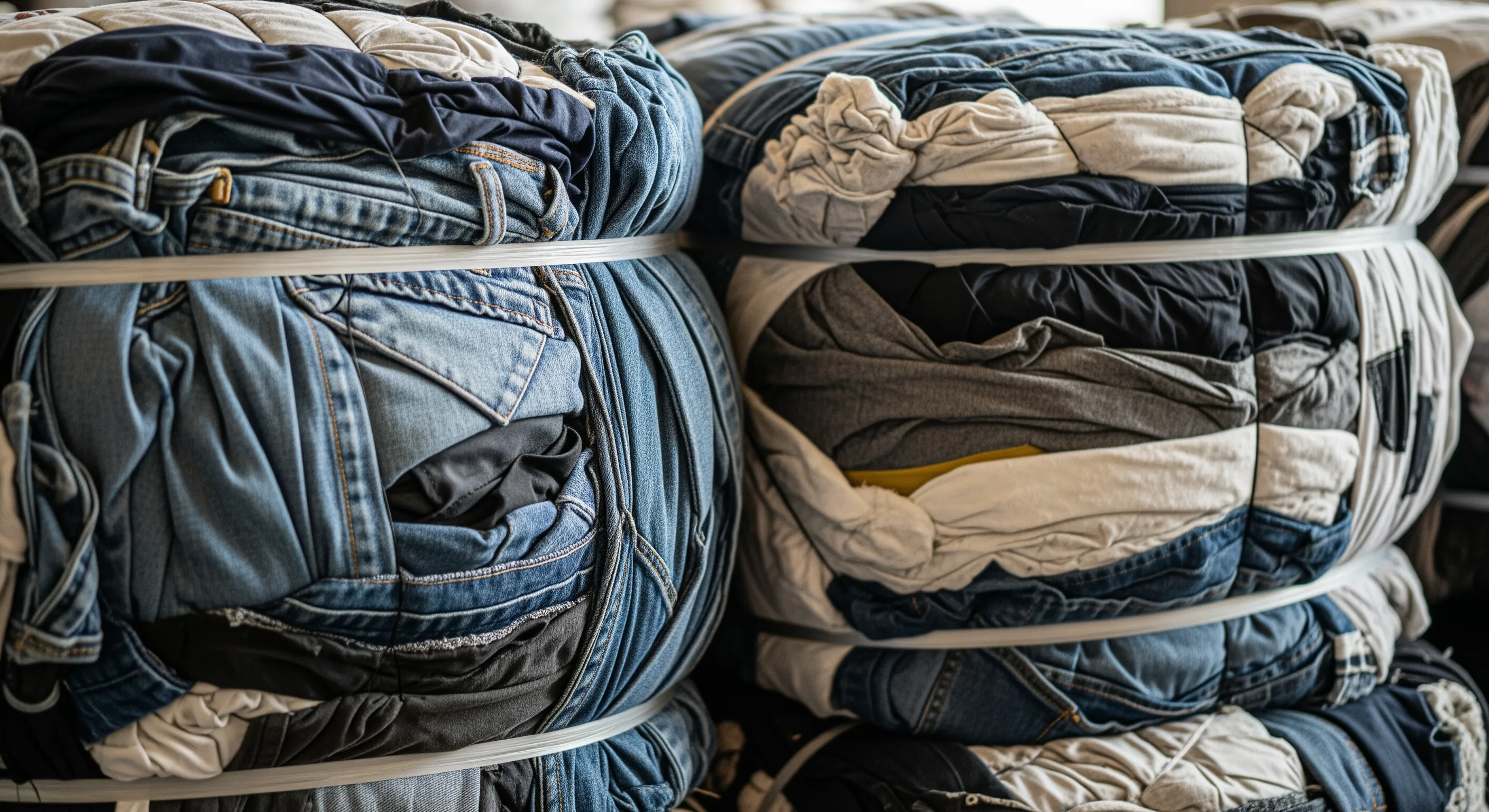 Close view of bulk bales wrapped in plastic with textured fabrics of second-hand clothing visible inside