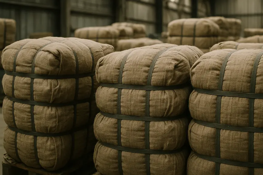 Close-up of tightly packed second hand clothing bales wrapped in neutral fabric inside an industrial warehouse.