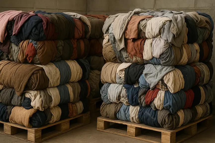 Detailed view of mixed second hand clothing tightly packed in large fabric-wrapped bales on pallets.