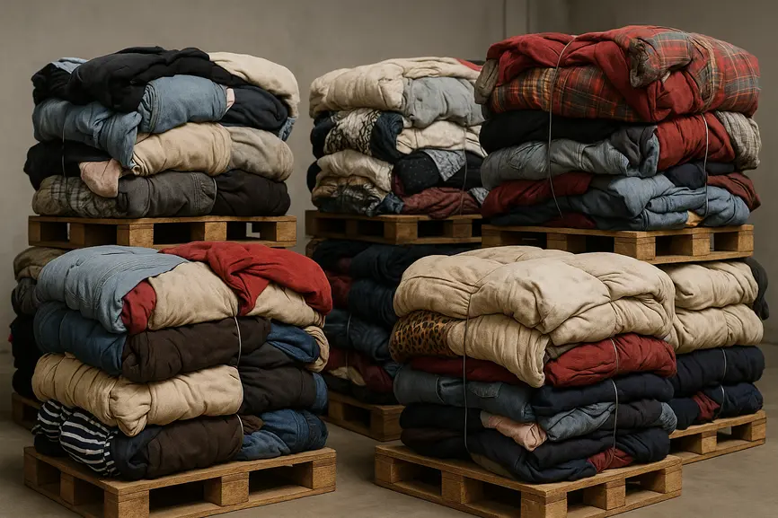 Close view of large tightly packed bales of vintage and branded second-hand clothes in a clean warehouse setting.