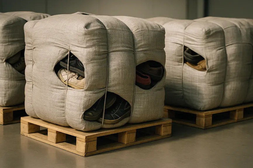 Close view of large wrapped bales showing various second hand shoes inside in a clean warehouse.