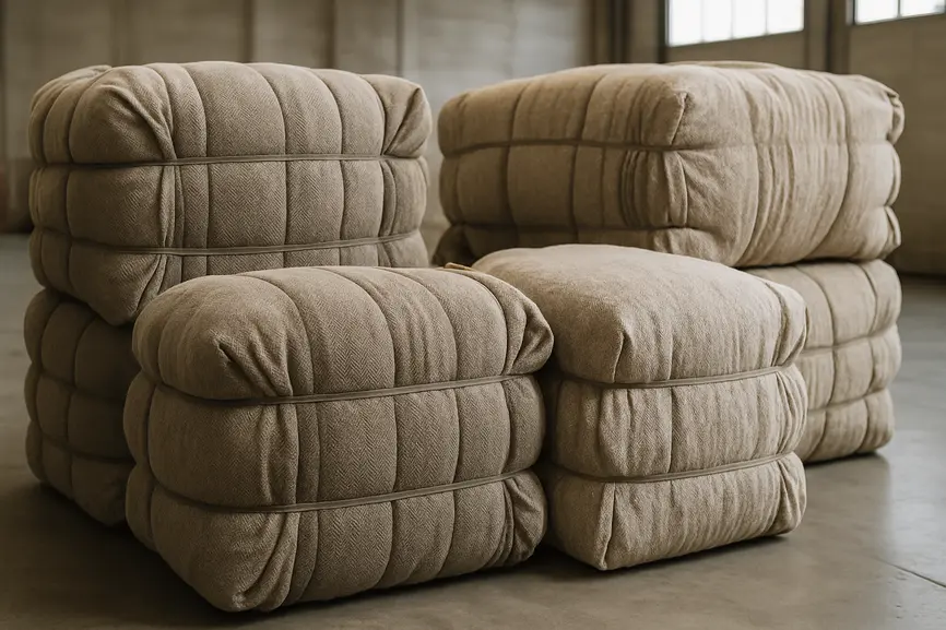 Close view of textured fabric covering large bales of tightly packed used clothing inside a bright warehouse.