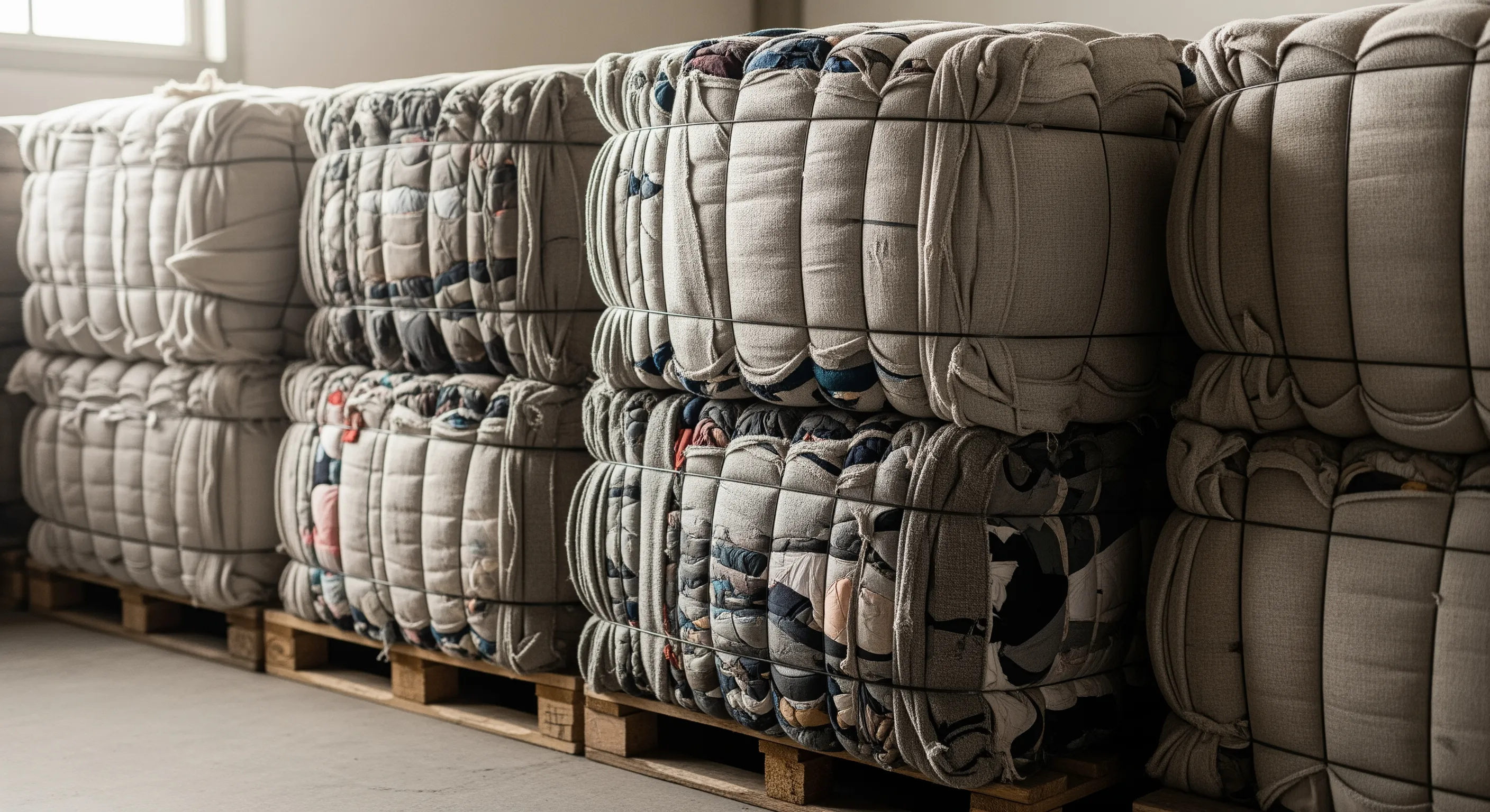 Close view of large tightly packed bales of vintage clothing wrapped in neutral fabric on pallets inside a bright warehouse.