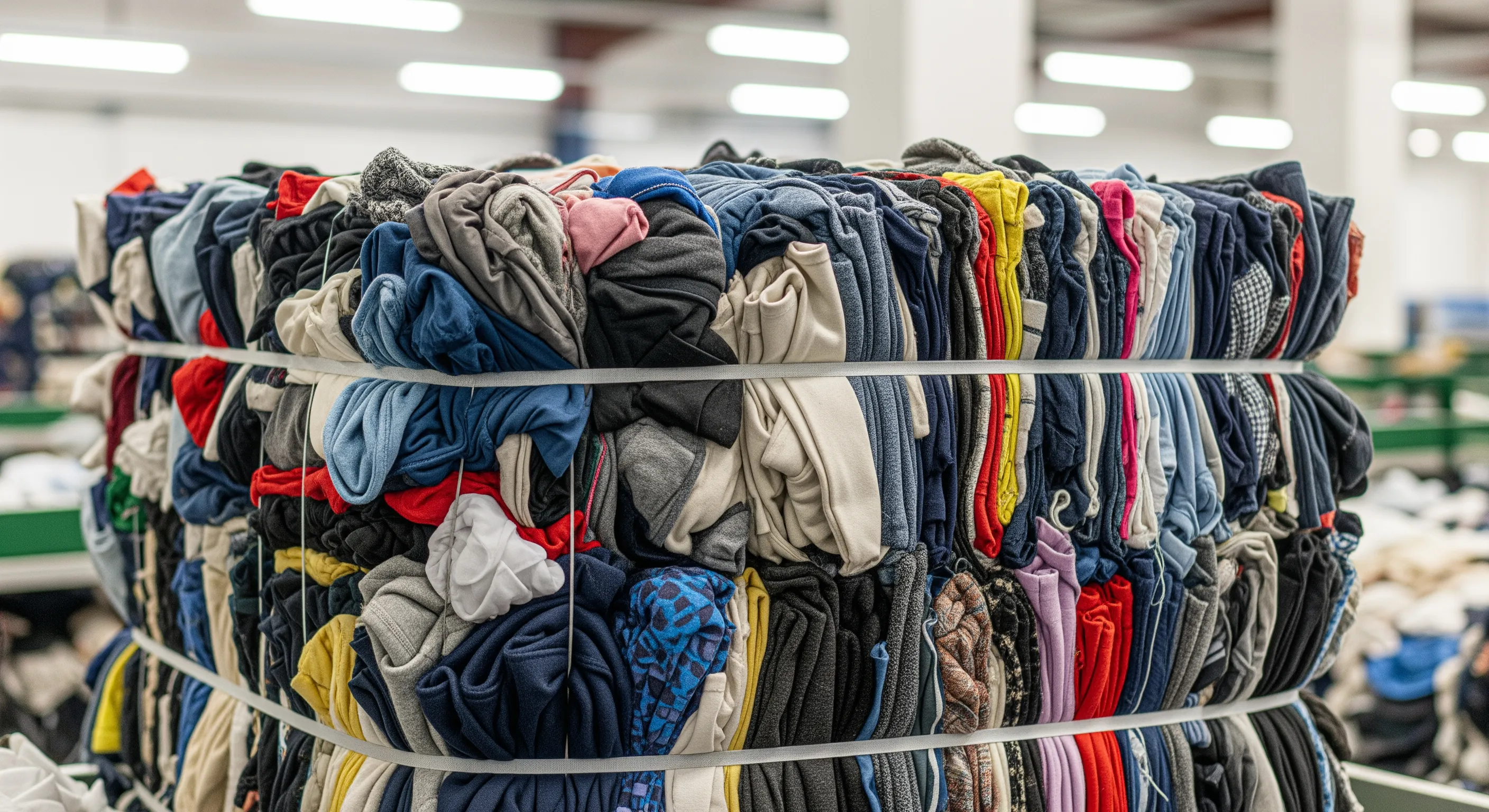 Close view of a tightly packed bale of assorted second-hand branded clothes inside a clean sorting facility