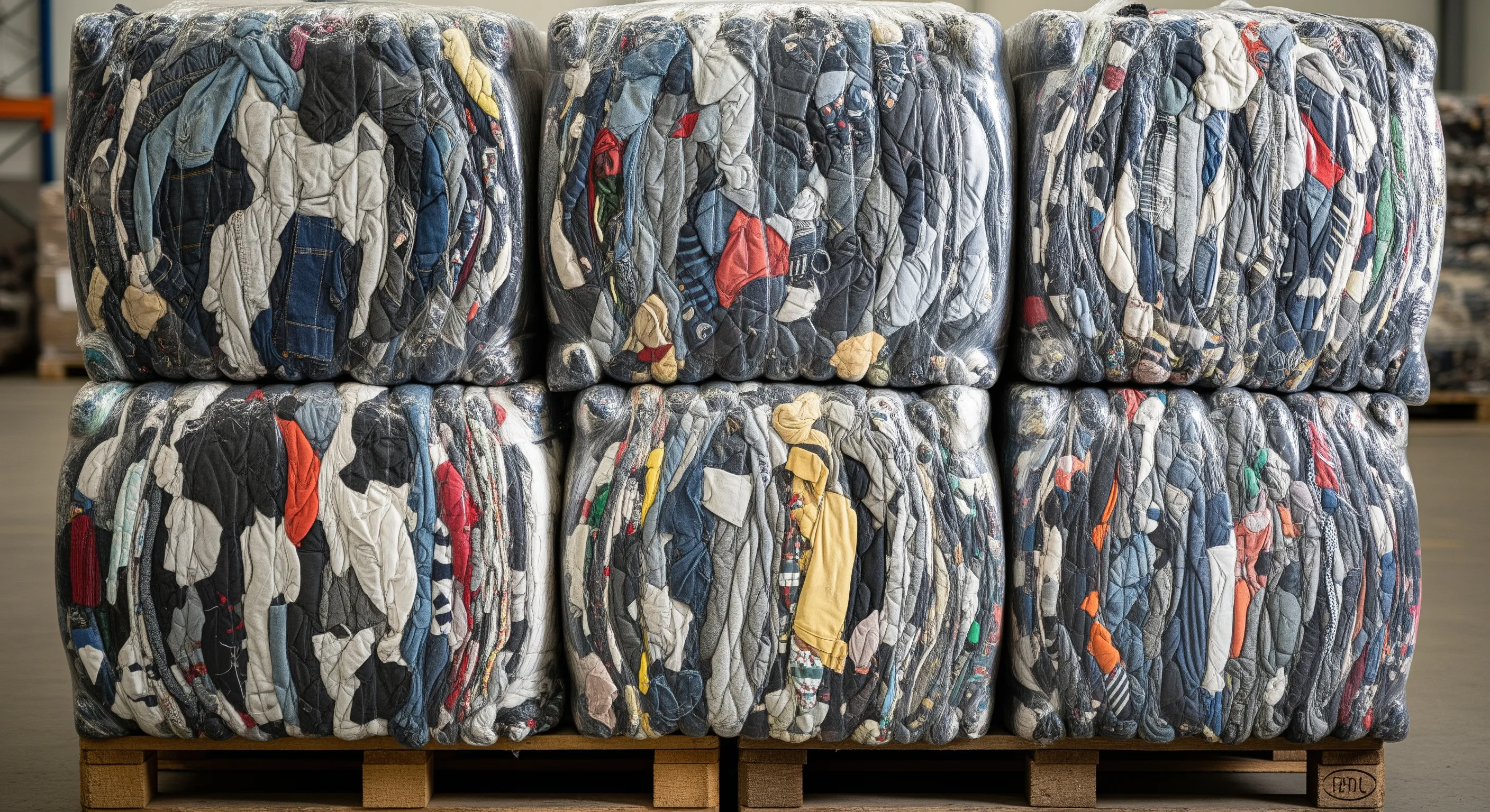 Close view of compressed bales of mixed used clothing showing fabric texture under plastic wrap on a pallet in a clean warehouse