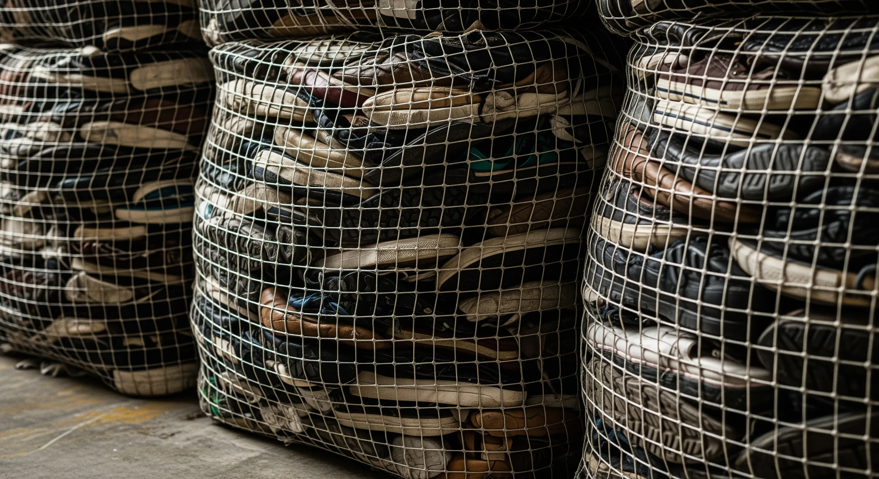 Close-up of packed bales wrapped in mesh netting showing assorted second hand footwear textures and bulk packaging.