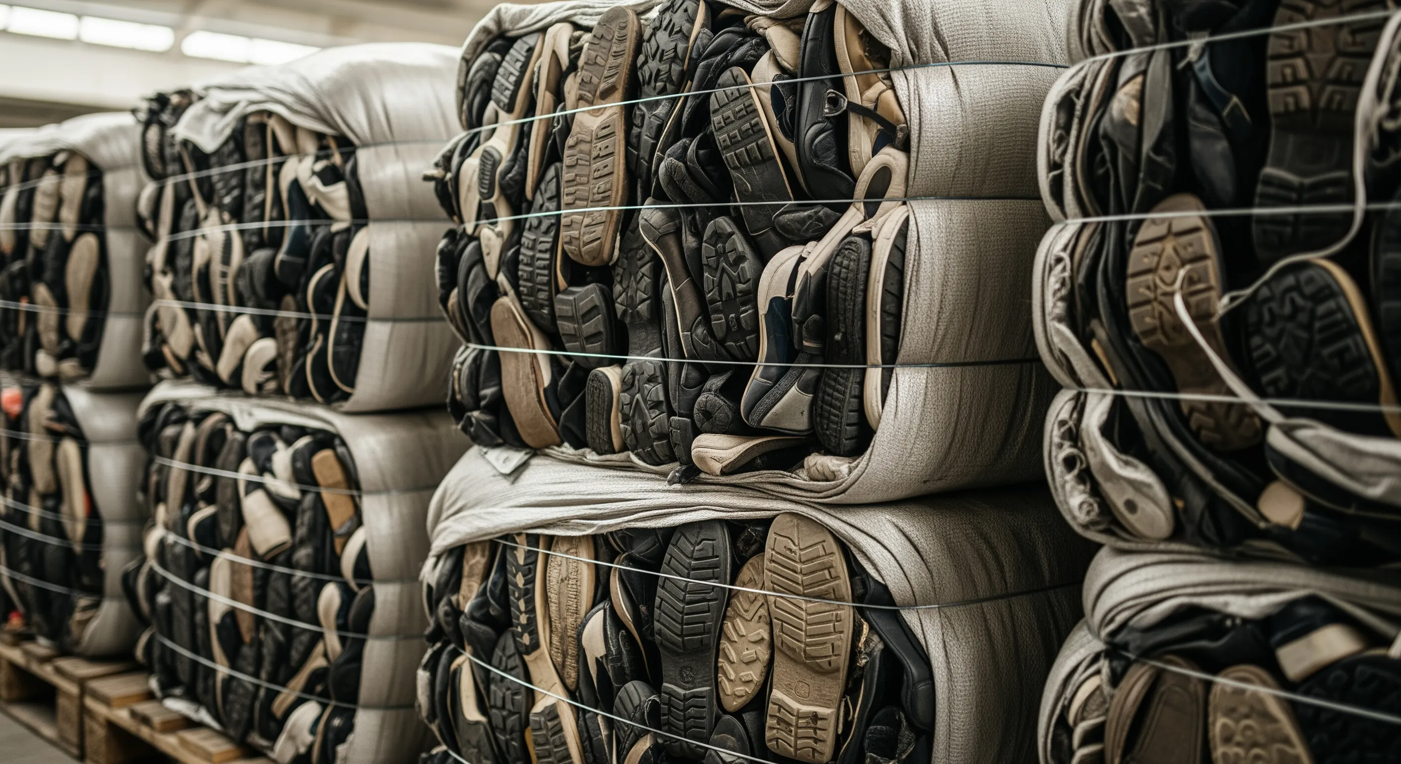 Close-up of packed bales wrapped tightly with mixed used shoes visible inside, showcasing bulk footwear textures