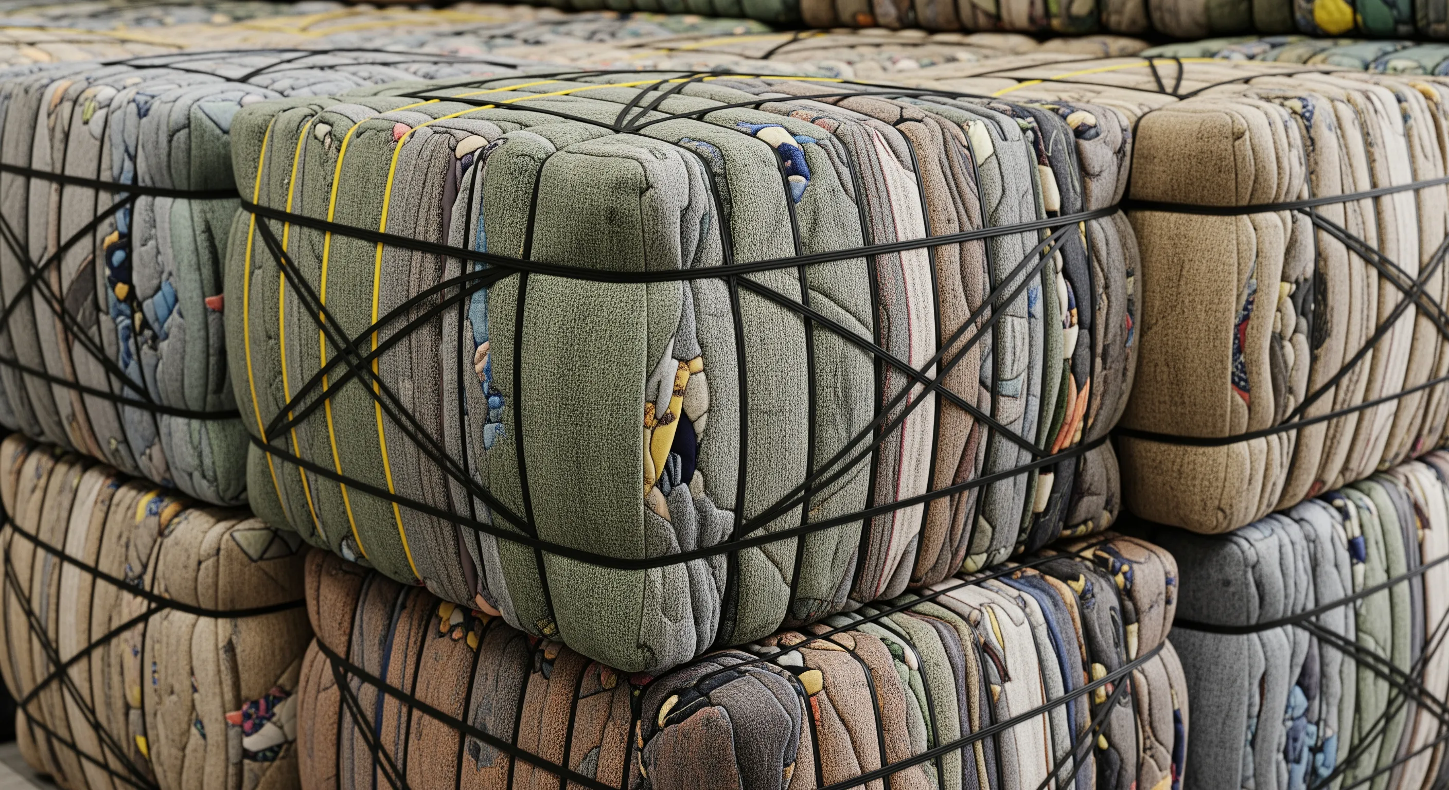 Close view of packed bales of branded second-hand clothing with textured fabric wrapping in a wholesale environment