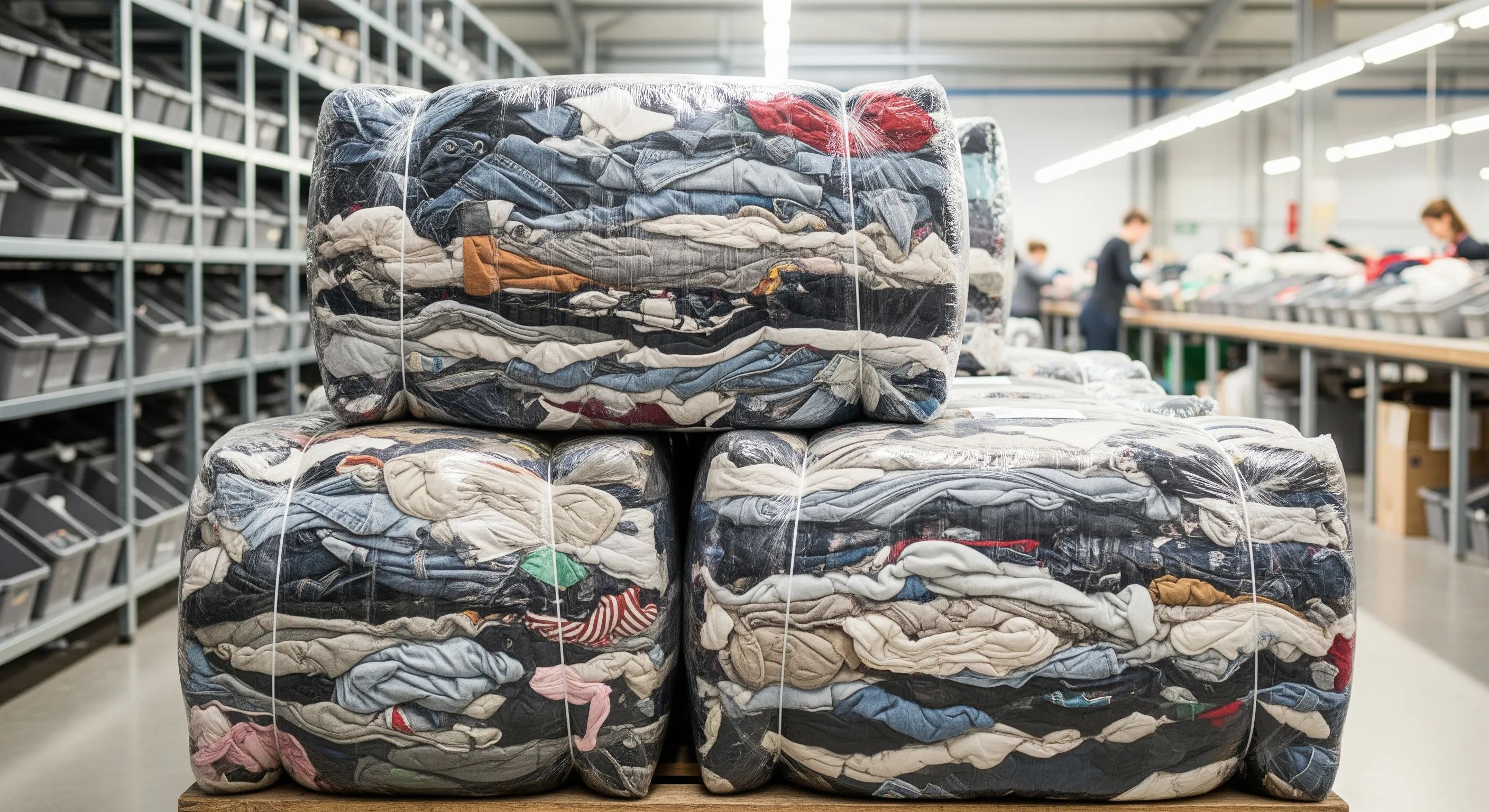 Close view of wrapped large bales of mixed used and vintage clothing in a clean sorting area without any visible labels.