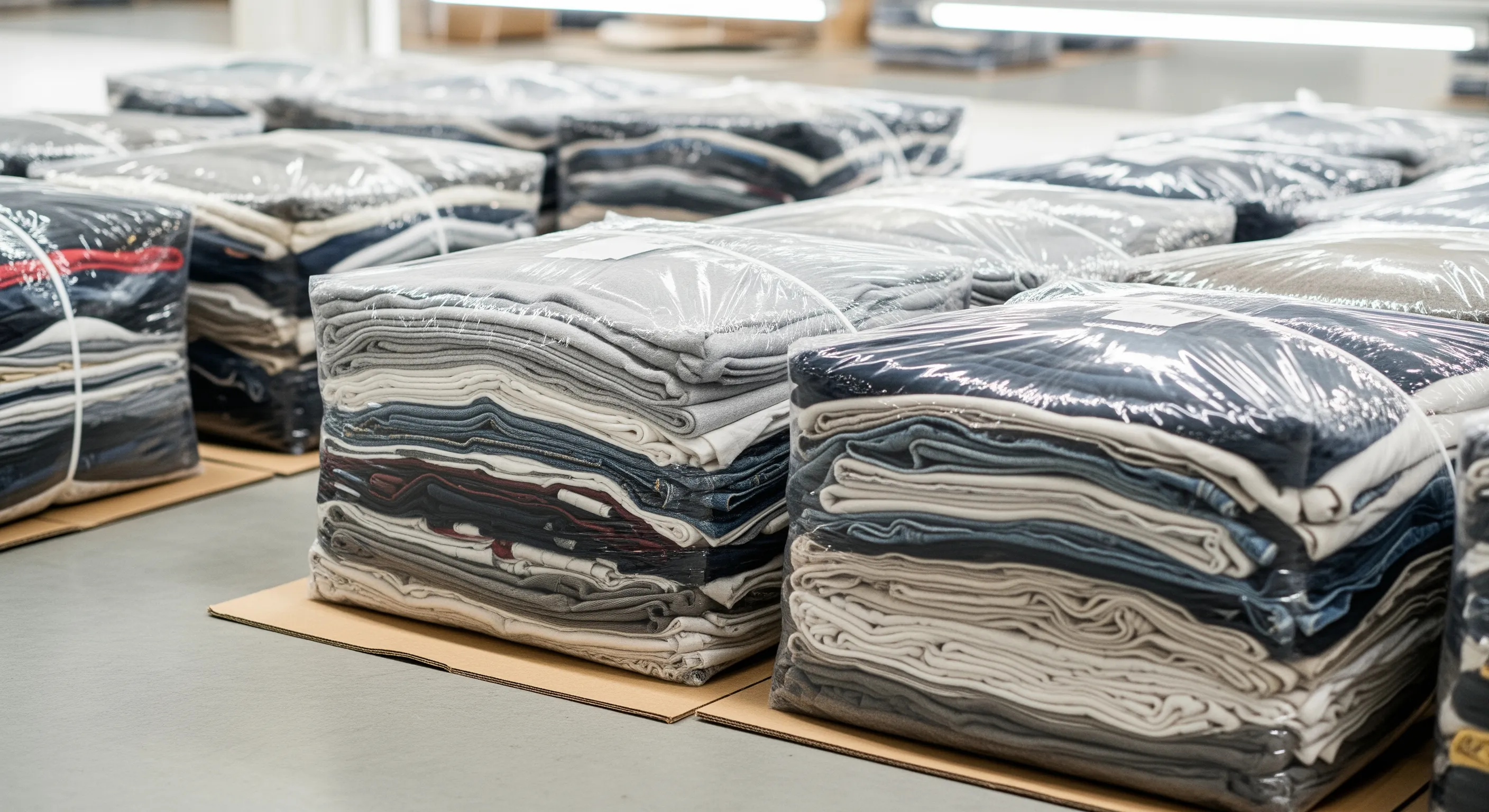 Close view of tightly packed bales of used clothing on concrete floor inside a clean warehouse for bulk wholesale supply.