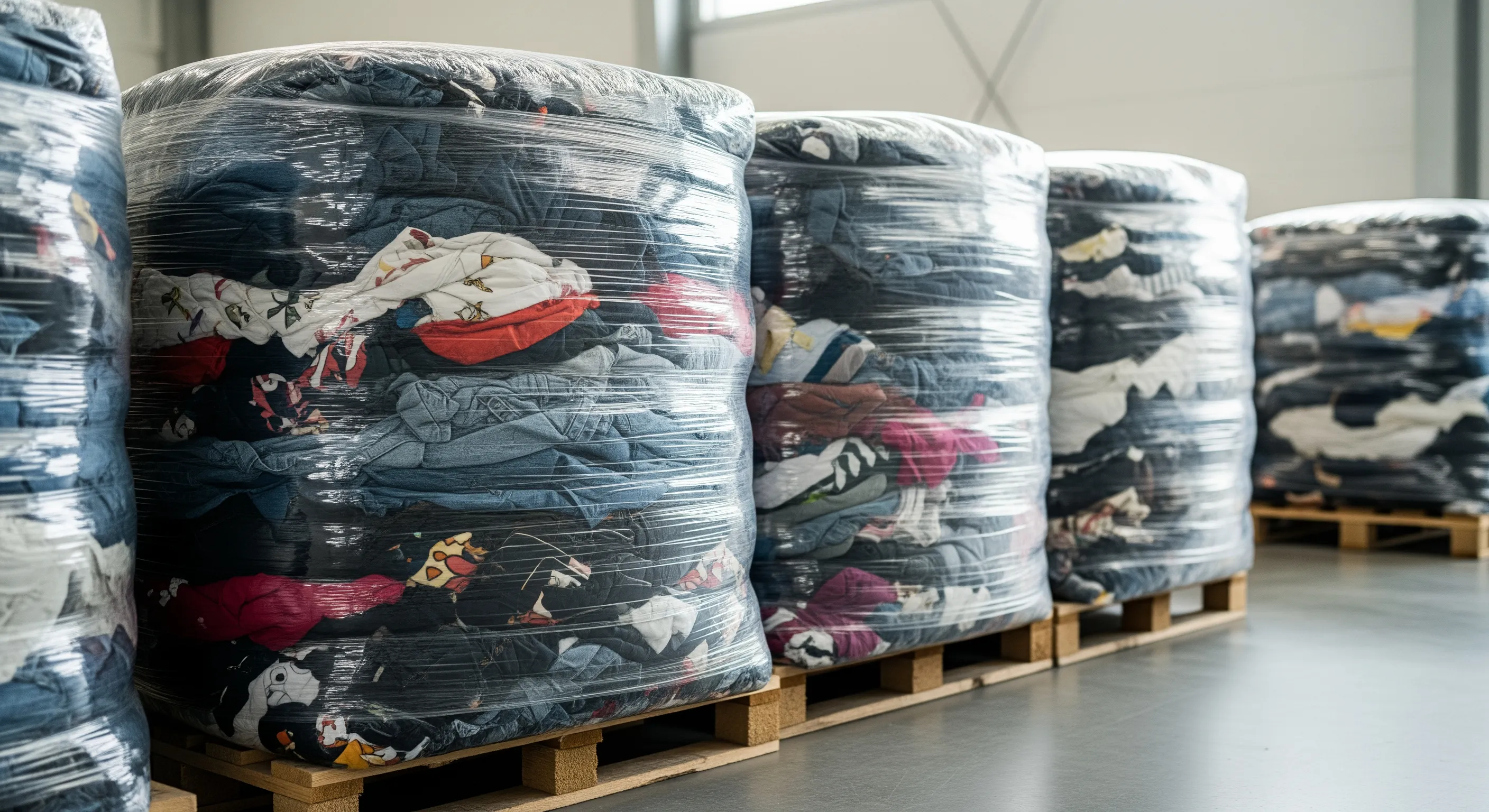 Close view of multiple large wrapped clothing bales on pallets inside a bright, organized warehouse