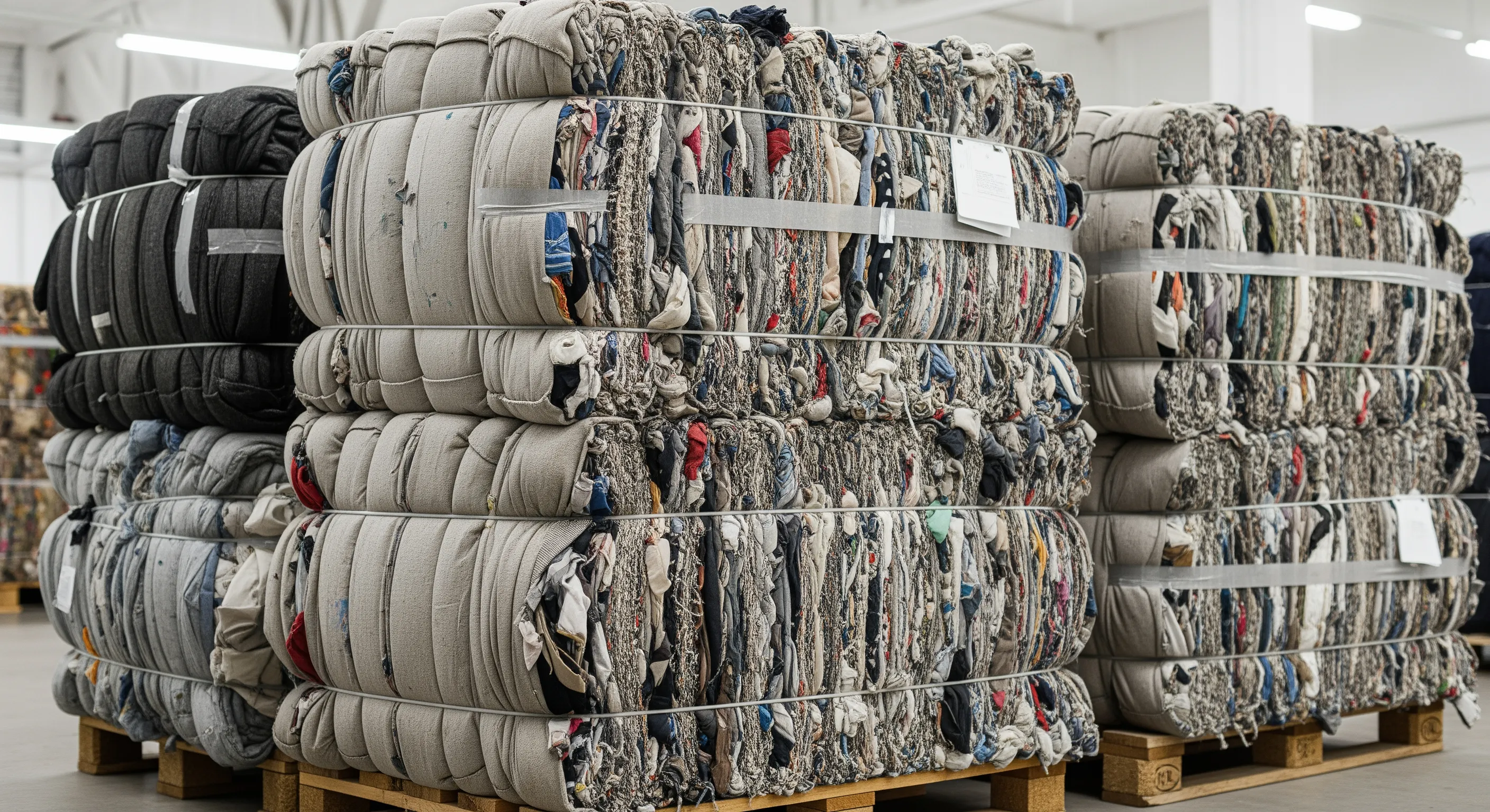 Close-up view of large tightly packed second-hand clothing bale wrapped in fabric on a pallet in a clean warehouse