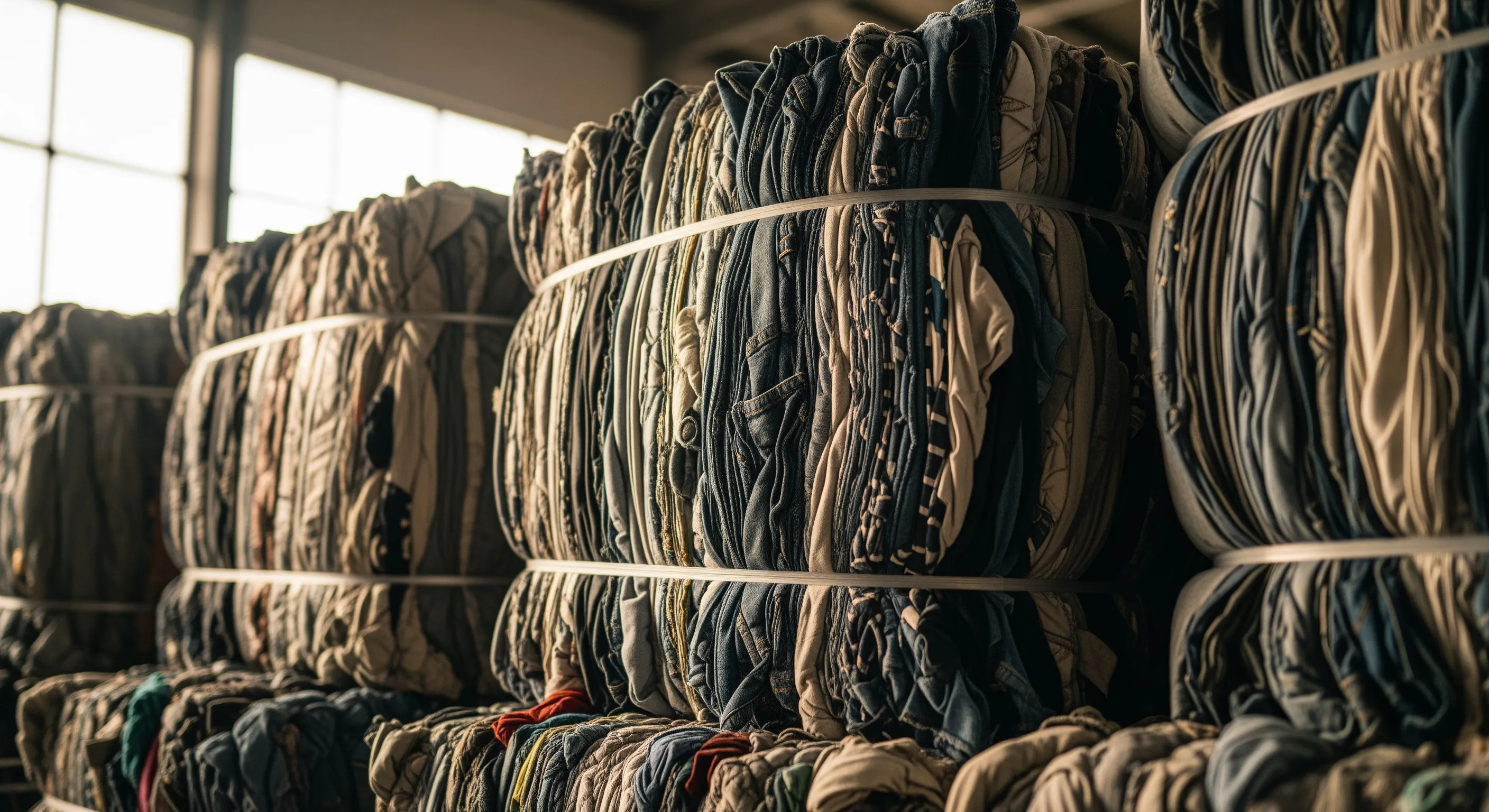 Close perspective on packed bales of second hand clothes showing compressed fabric texture under soft warehouse lighting