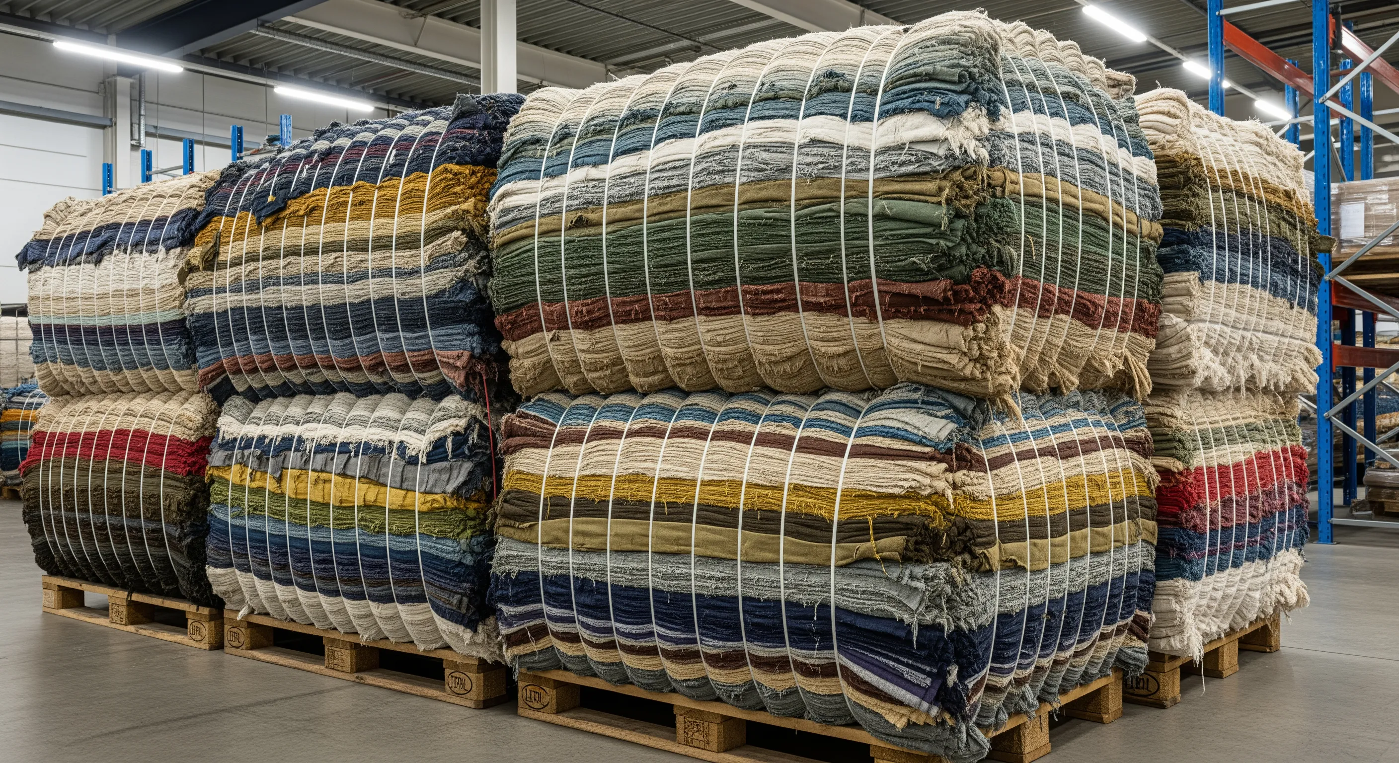 Close mid-shot of tightly wrapped bales of vintage clothing showing layered fabric textures in a clean sorting area