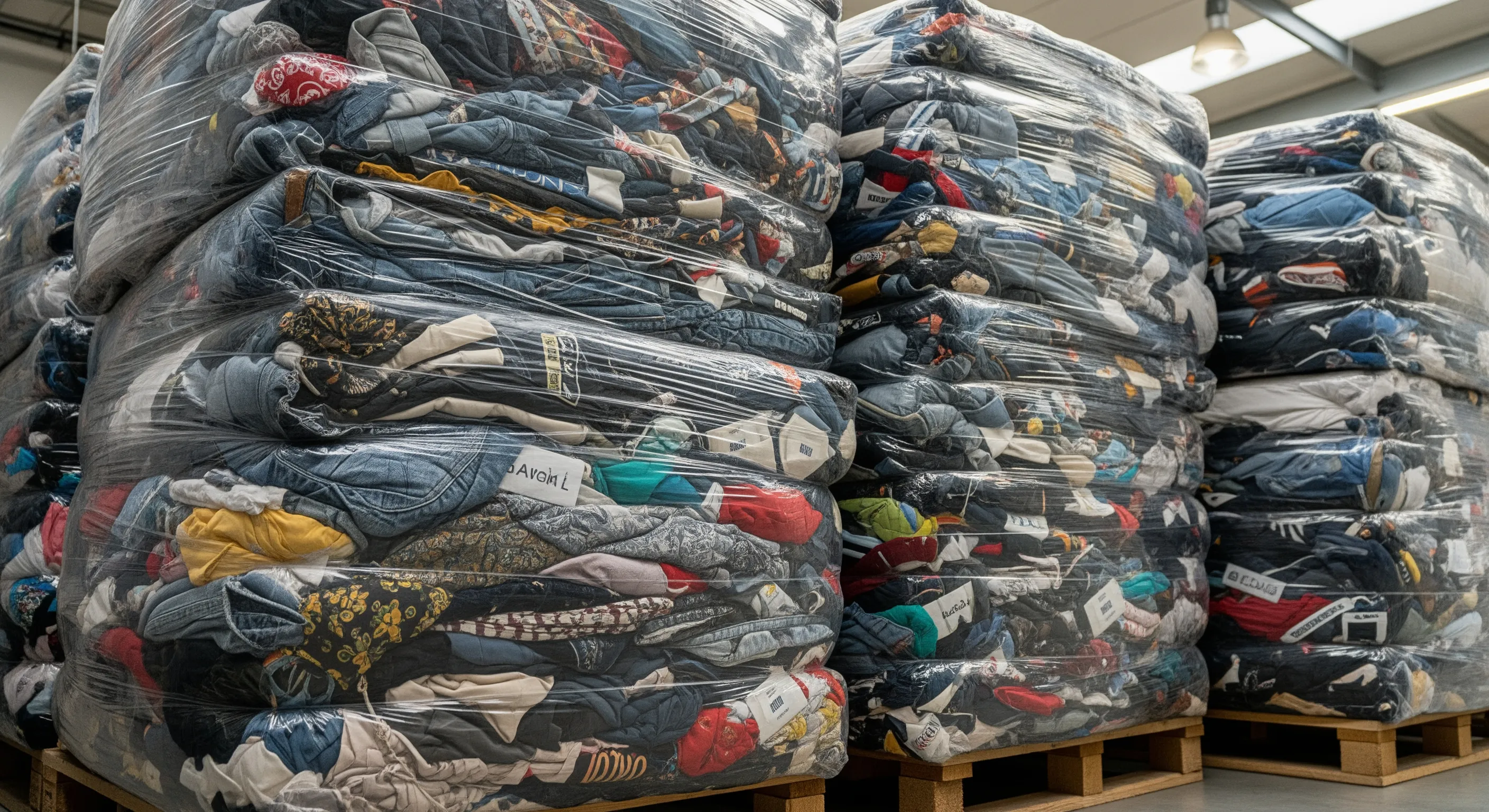 Close view of plastic-wrapped bales filled with mixed branded second-hand clothes stacked inside a bright Italian warehouse