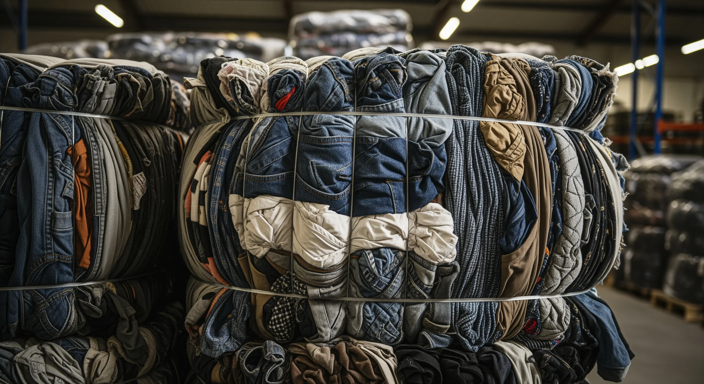 Close view of wrapped bales of mixed vintage clothing packed tightly, highlighting texture and bulk without branding