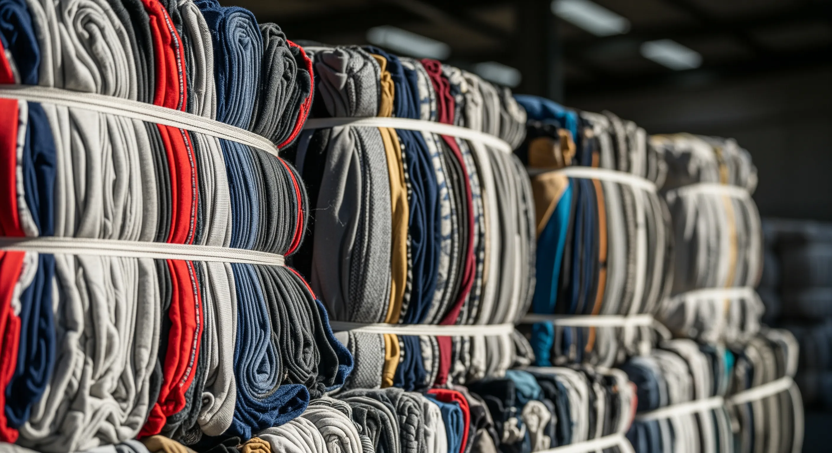 Close-up view of wrapped bales of second hand clothes showing fabric textures and color mix, packed for wholesale supply