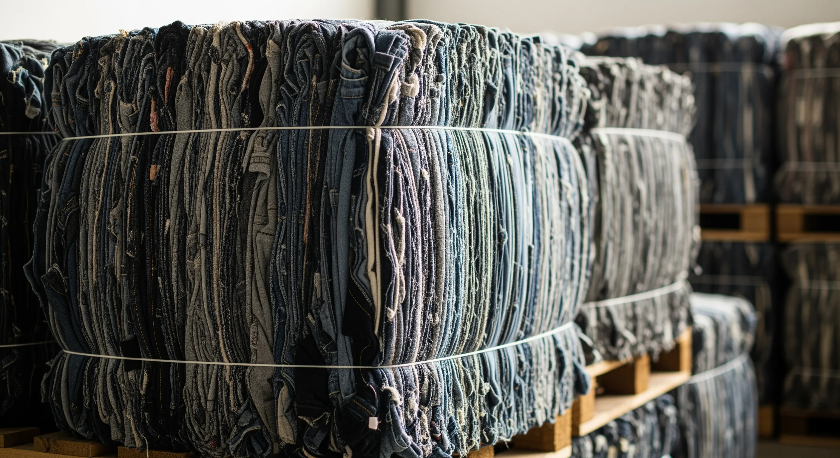 Close-up view of tightly packed second-hand clothing bales on pallets highlighting bulk texture and quality packaging.
