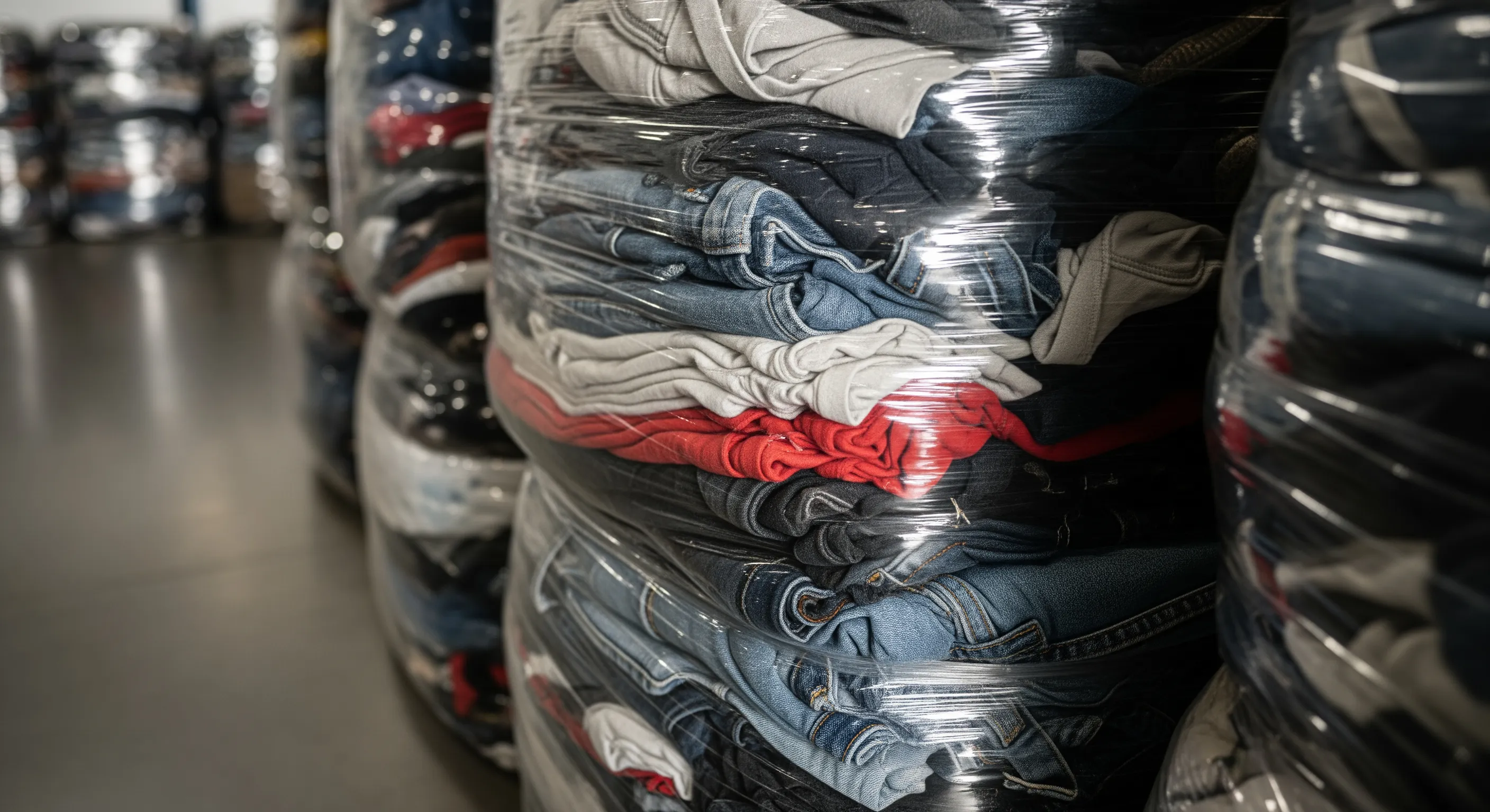 Close view of tightly packed bales of assorted used clothes wrapped in clear plastic for bulk wholesale