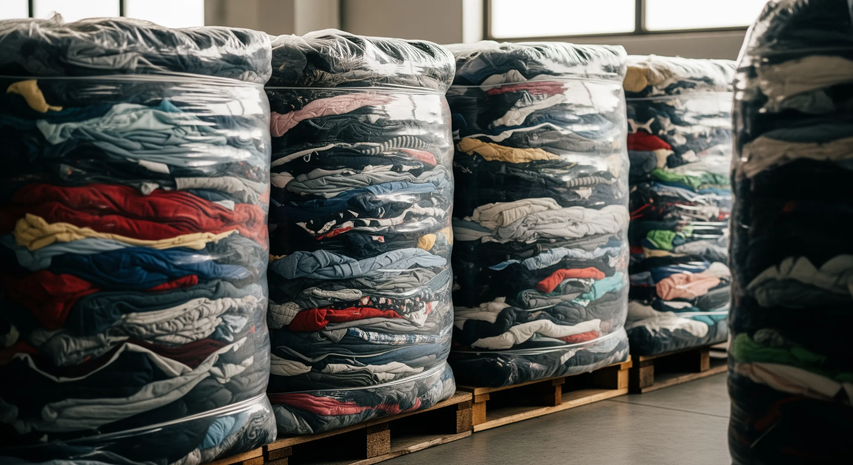 Close view of compressed bales of mixed branded and vintage clothing wrapped on wooden pallets in a warehouse setting.