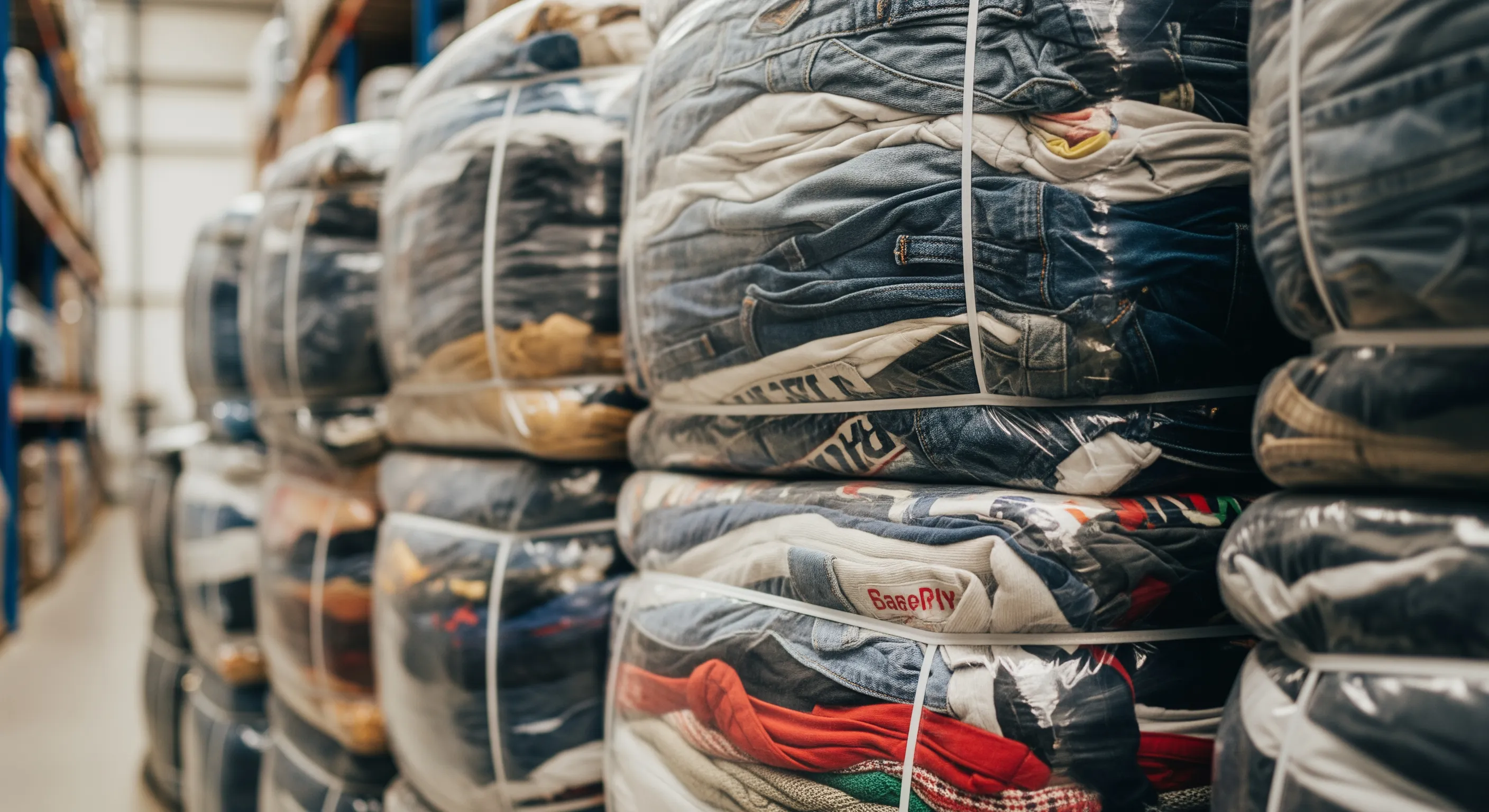Close shot of tall clothing bales wrapped securely showing textured vintage fabric bundles in warehouse aisle