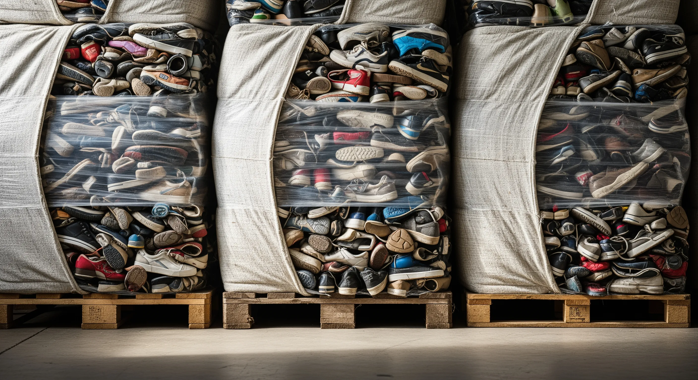 Close view of tightly packed bales of mixed branded second hand shoes wrapped for wholesale distribution
