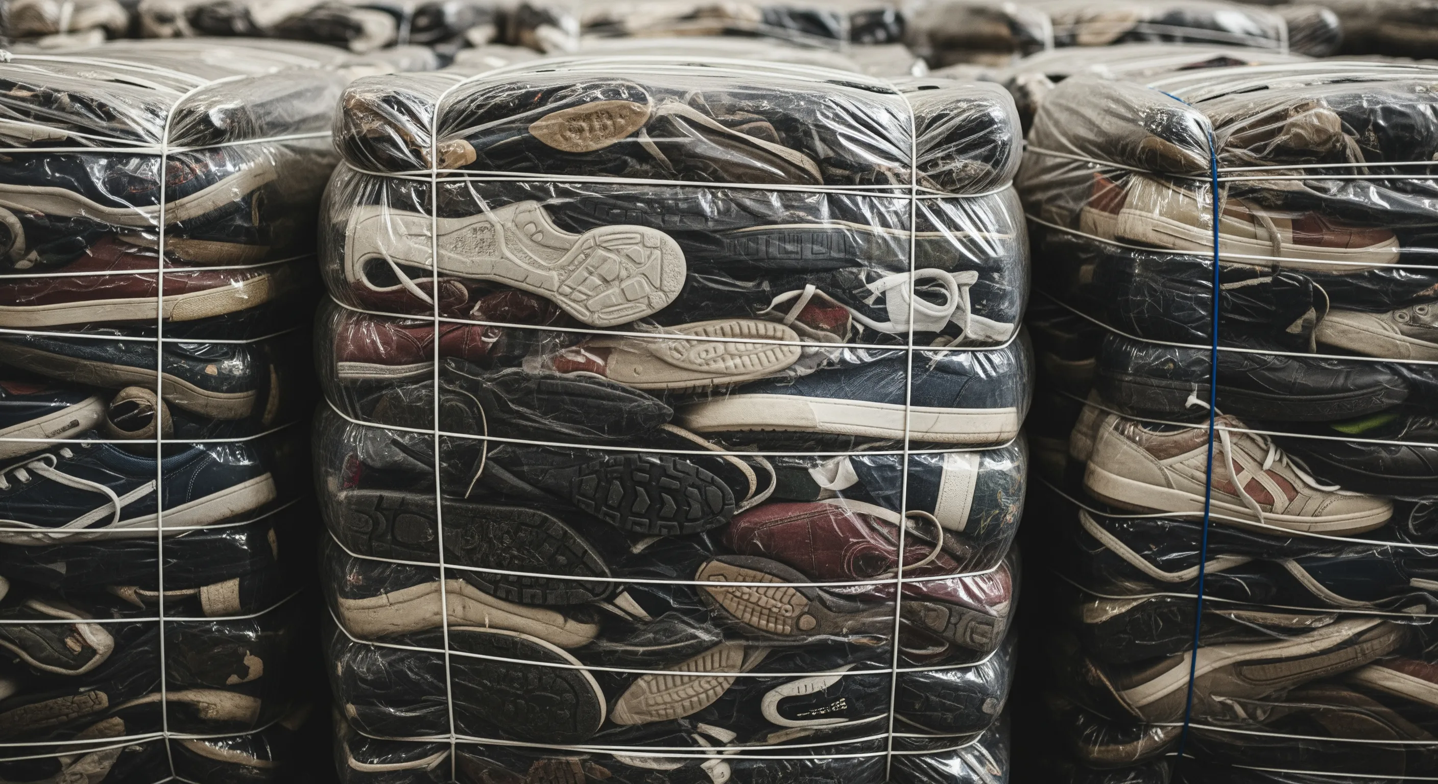 Close view of tightly packed bales filled with used shoes, wrapped for wholesale distribution without visible labels