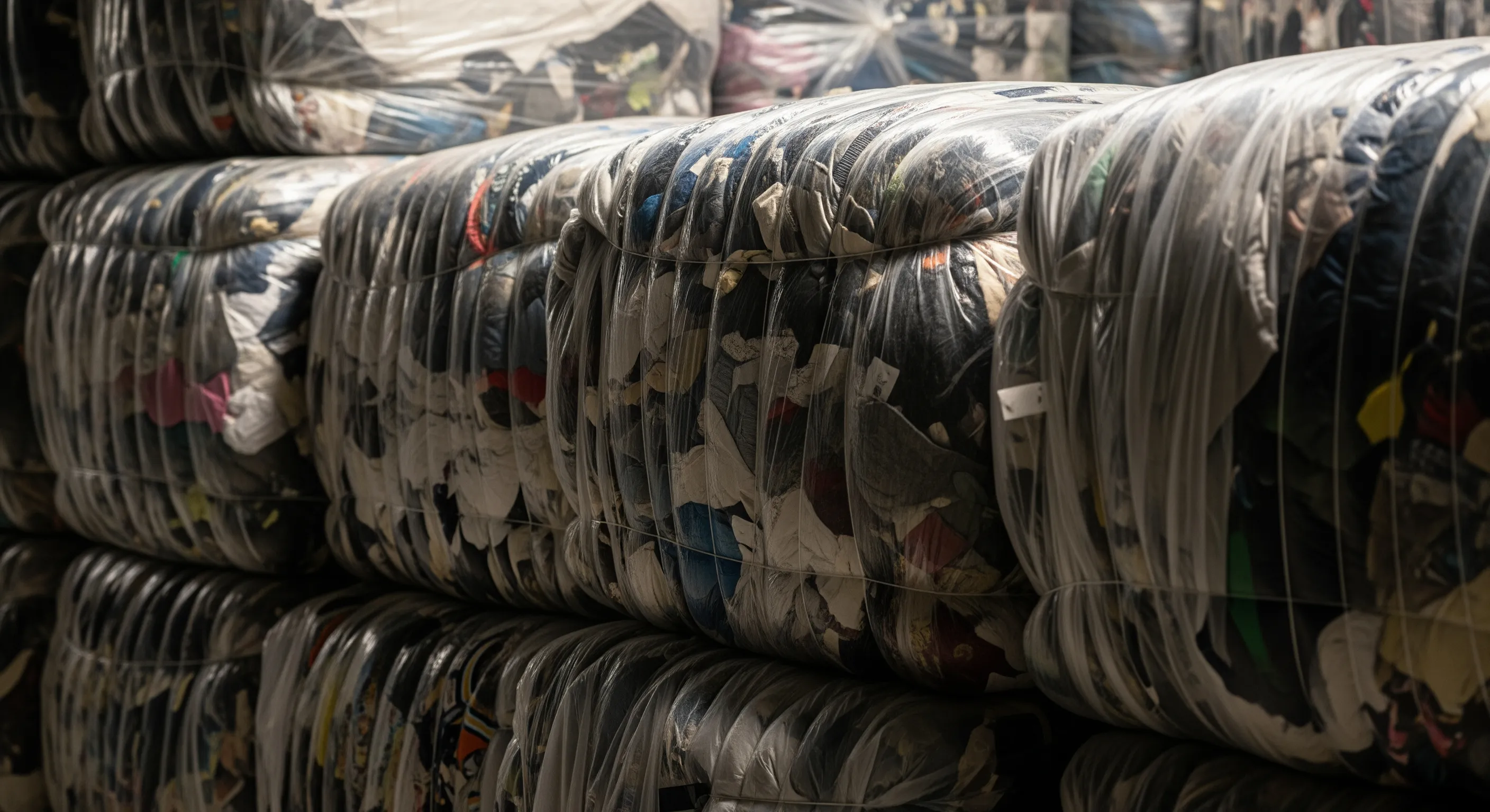 Close view of tightly wrapped bales of second-hand and vintage clothing showing fabric textures in bulk packing