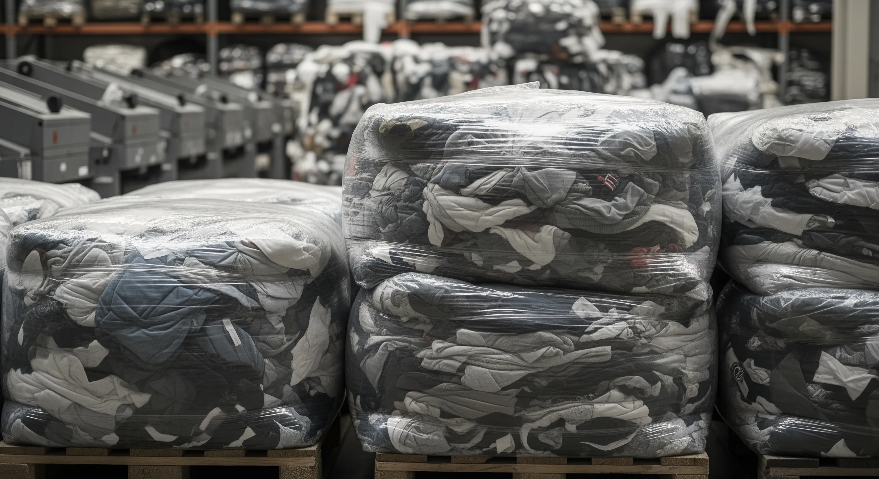 Close view of wrapped bales filled with used branded clothes stacked on pallets in a clean warehouse setting