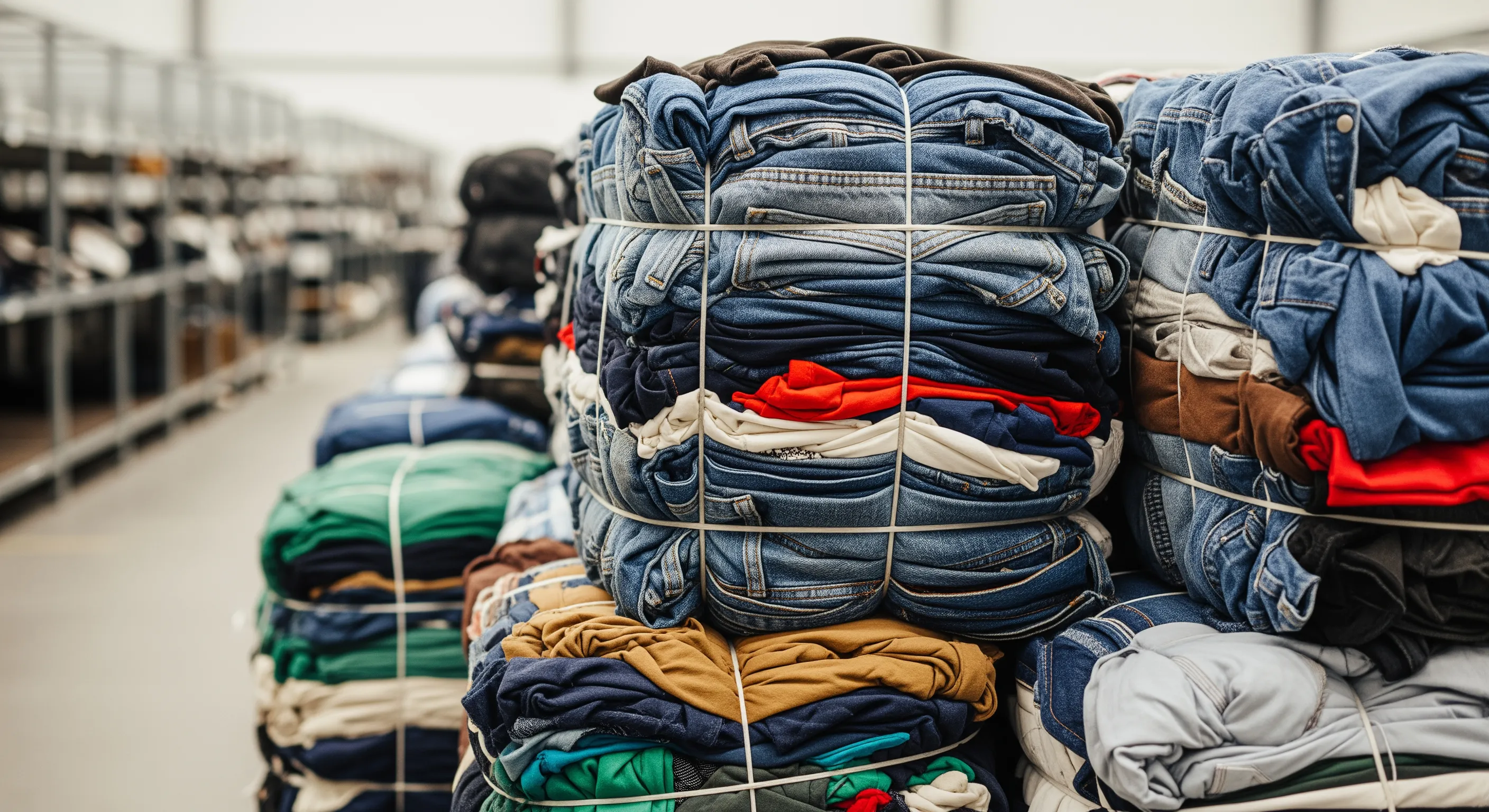 Close view of tightly packed bales of vintage and branded secondhand clothing wrapped and ready in a sorting facility.