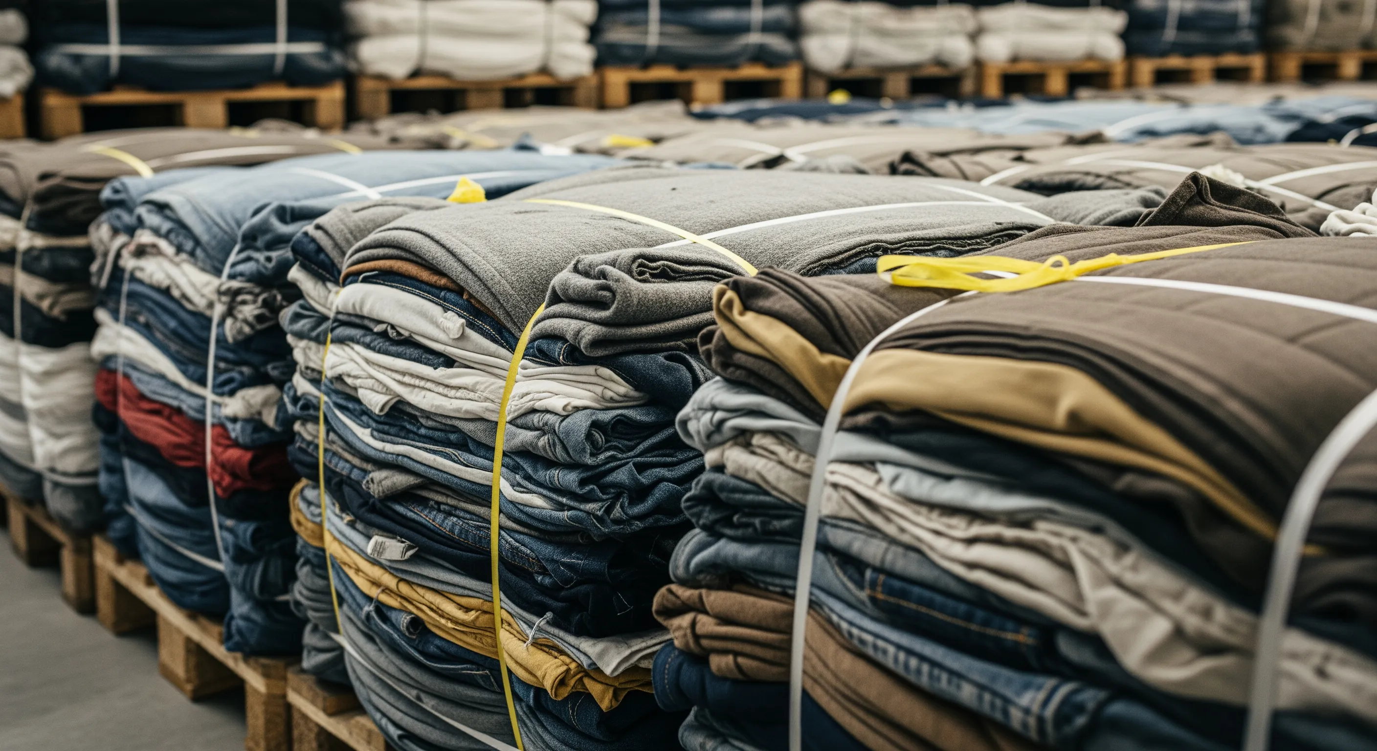 Tightly packed bales of secondhand vintage clothing on pallets inside a clean warehouse with detailed fabric textures