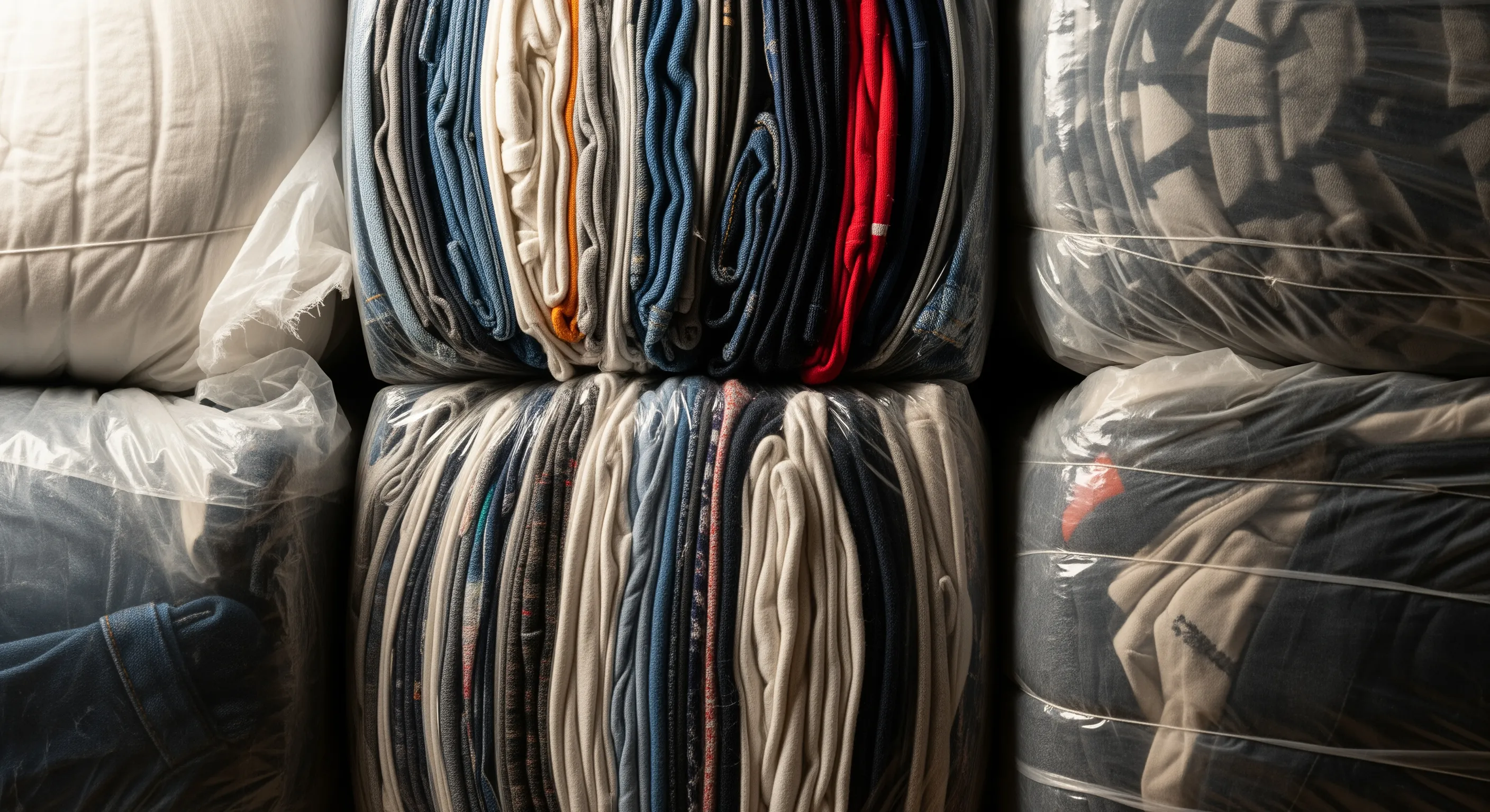 Close detailed view of tightly packed bales containing second-hand clothing wrapped in neutral protective material