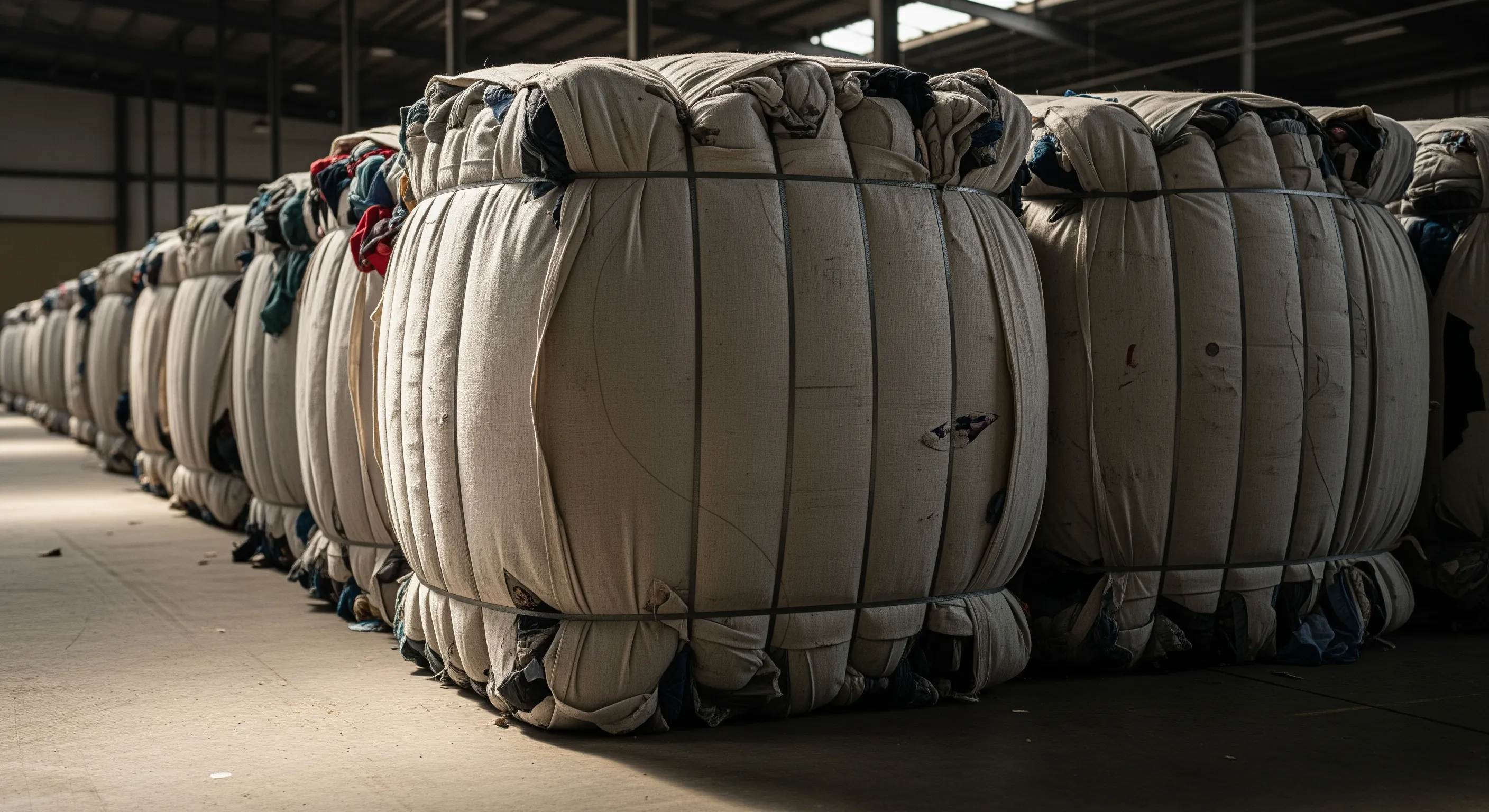 Close view of large compressed bales of second-hand clothing wrapped and secured in a clean warehouse setting