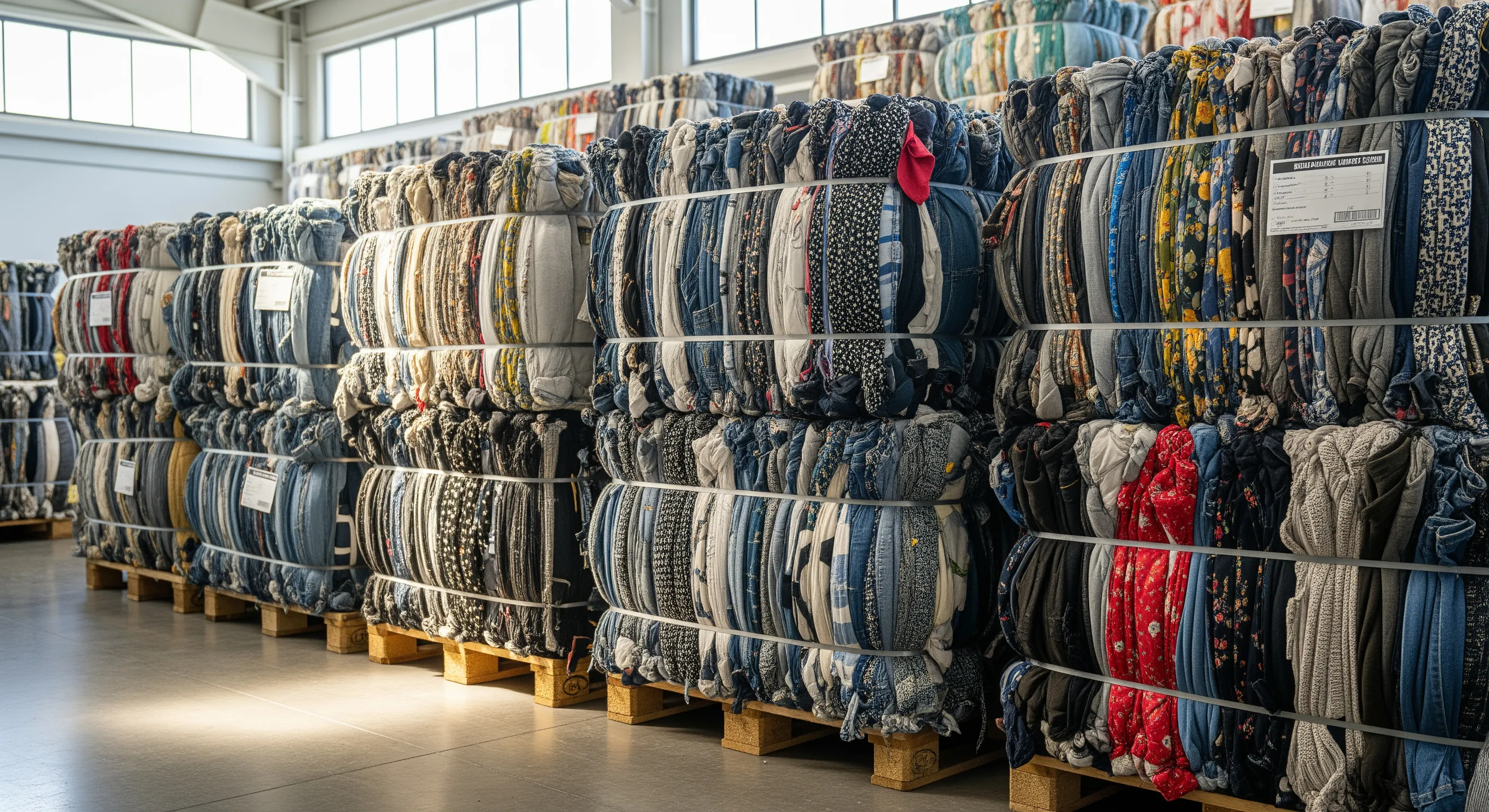 Close view of compressed second-hand clothing bales tied tightly and stacked on pallets inside a clean warehouse
