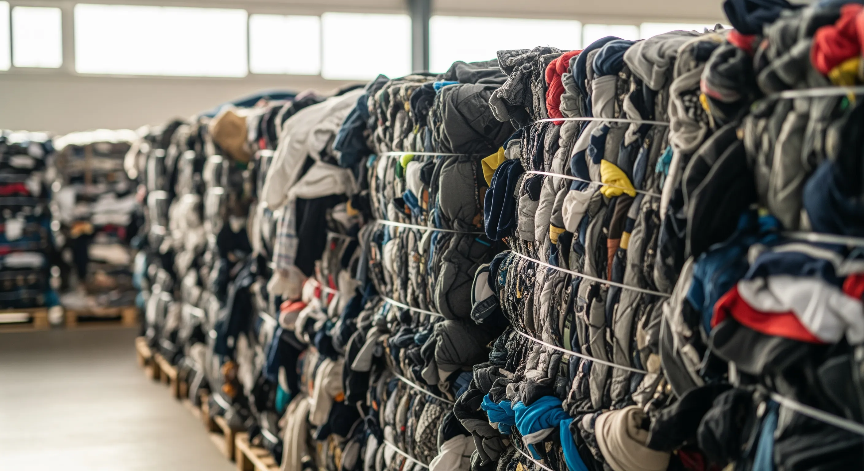 Close view of big compressed bales of mixed second hand branded clothing on pallets showing fabric texture and bulk packaging