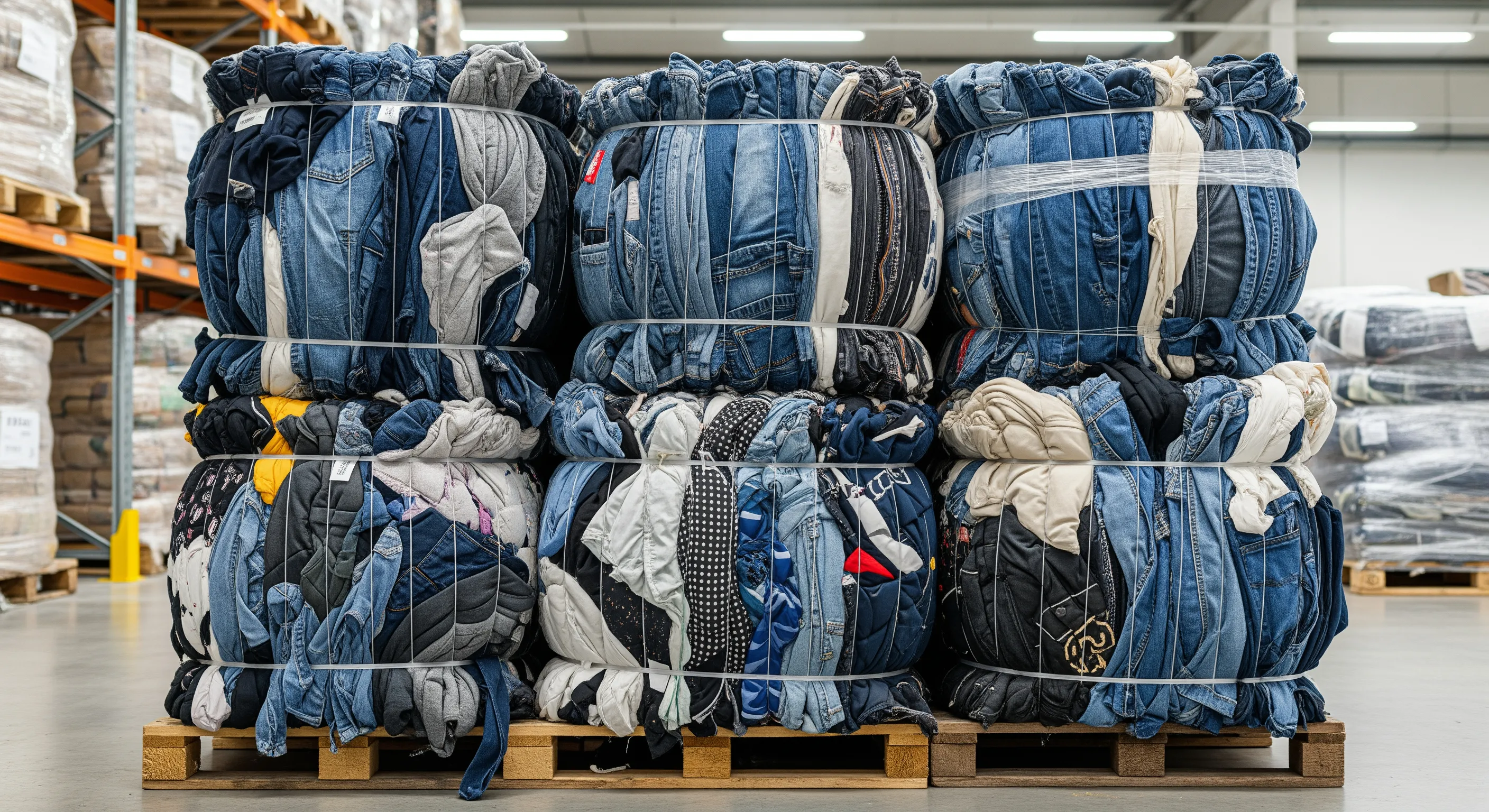 Close view of large compressed bales of mixed used clothing tied securely on pallets inside a clean warehouse