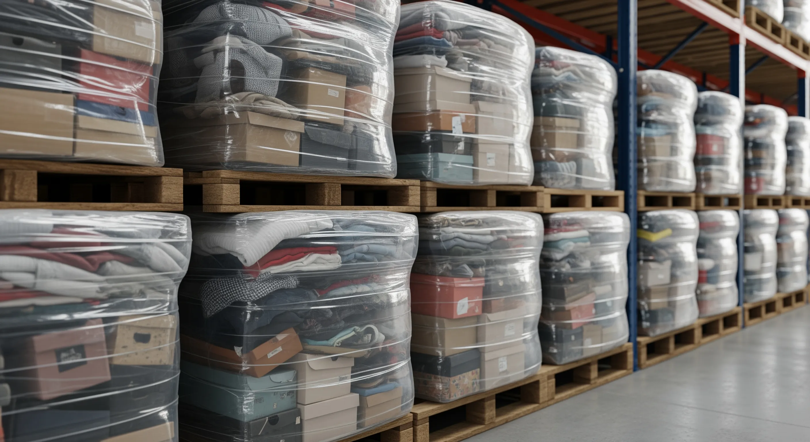 Close view of large bales wrapped in plastic containing branded second hand clothes and shoes on pallets in a warehouse