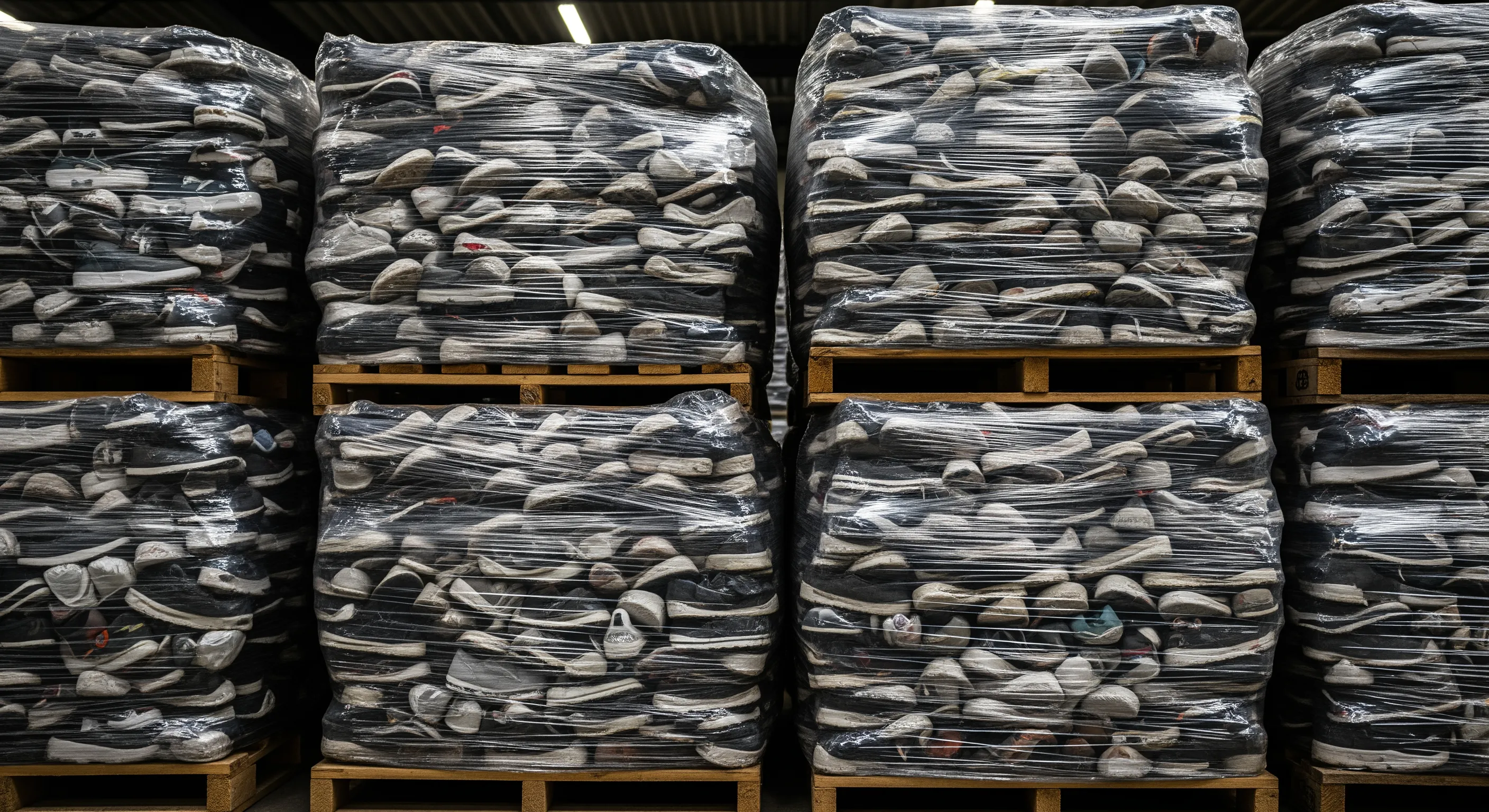 Close view of large pellets wrapped in clear plastic containing mixed wholesale used shoes in a bright warehouse
