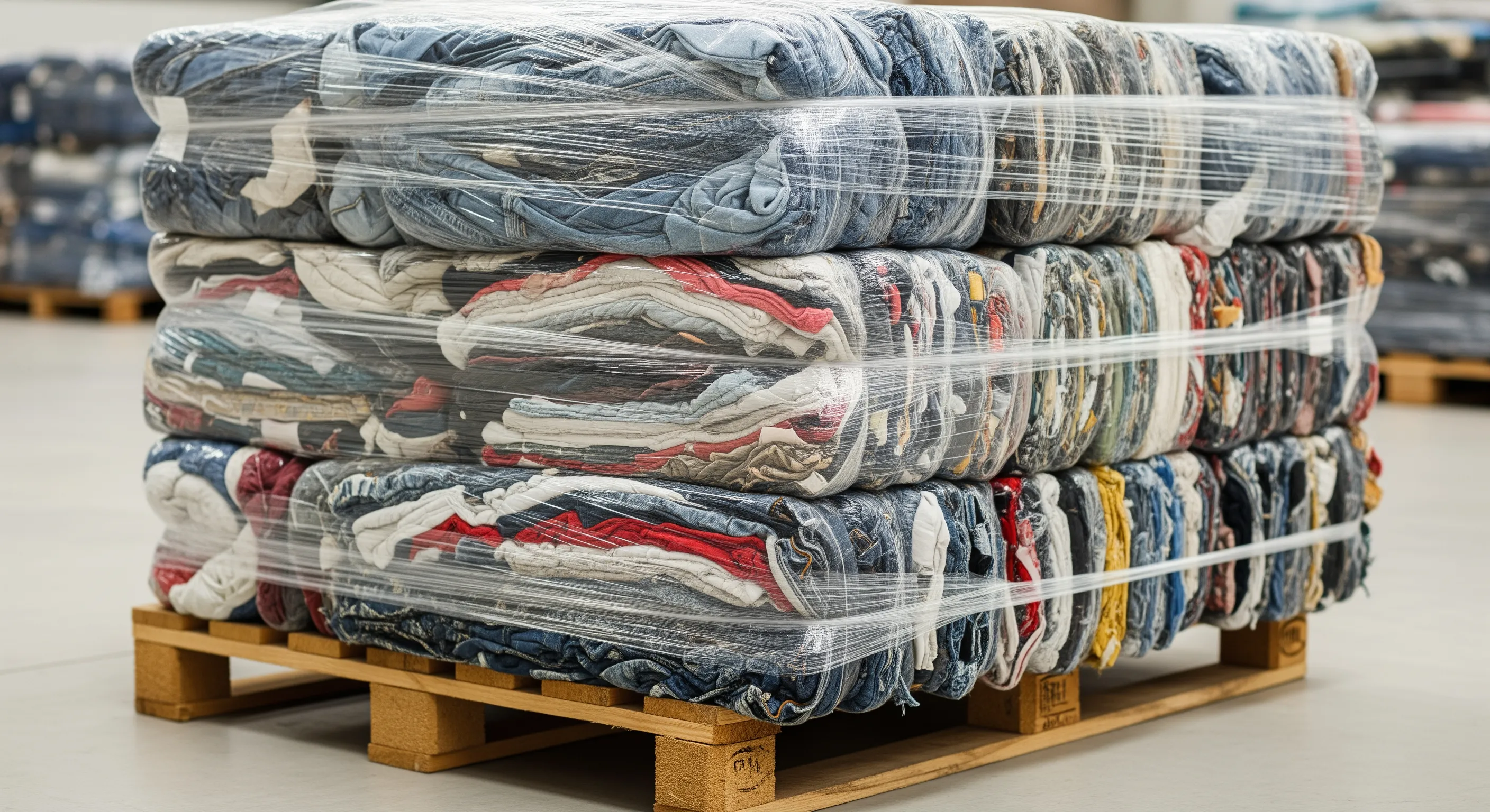 Close view of tightly packed bales of second hand clothing bundles on a pallet inside a clean warehouse