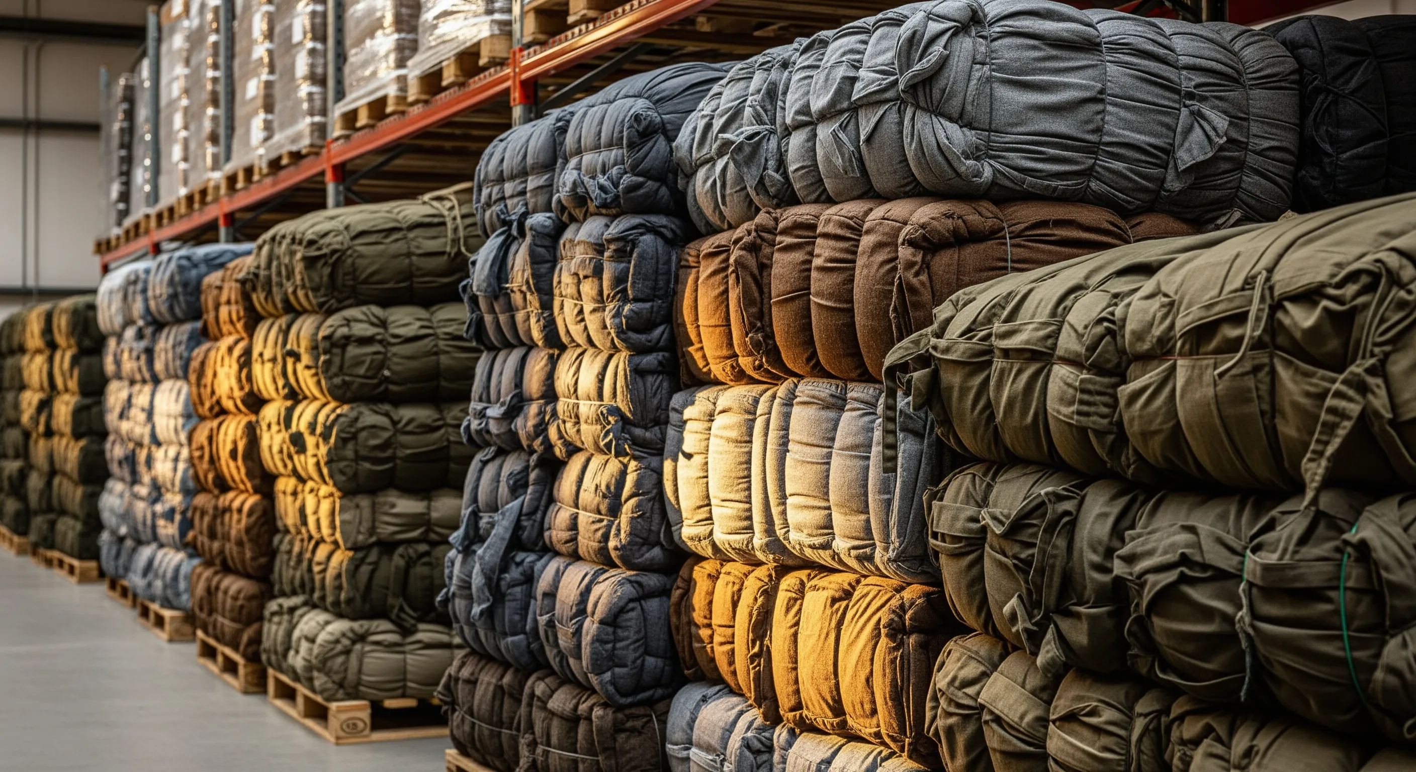 Close view of tightly packed bulky bales of military clothing stacked in warehouse aisle with textured fabric folds visible