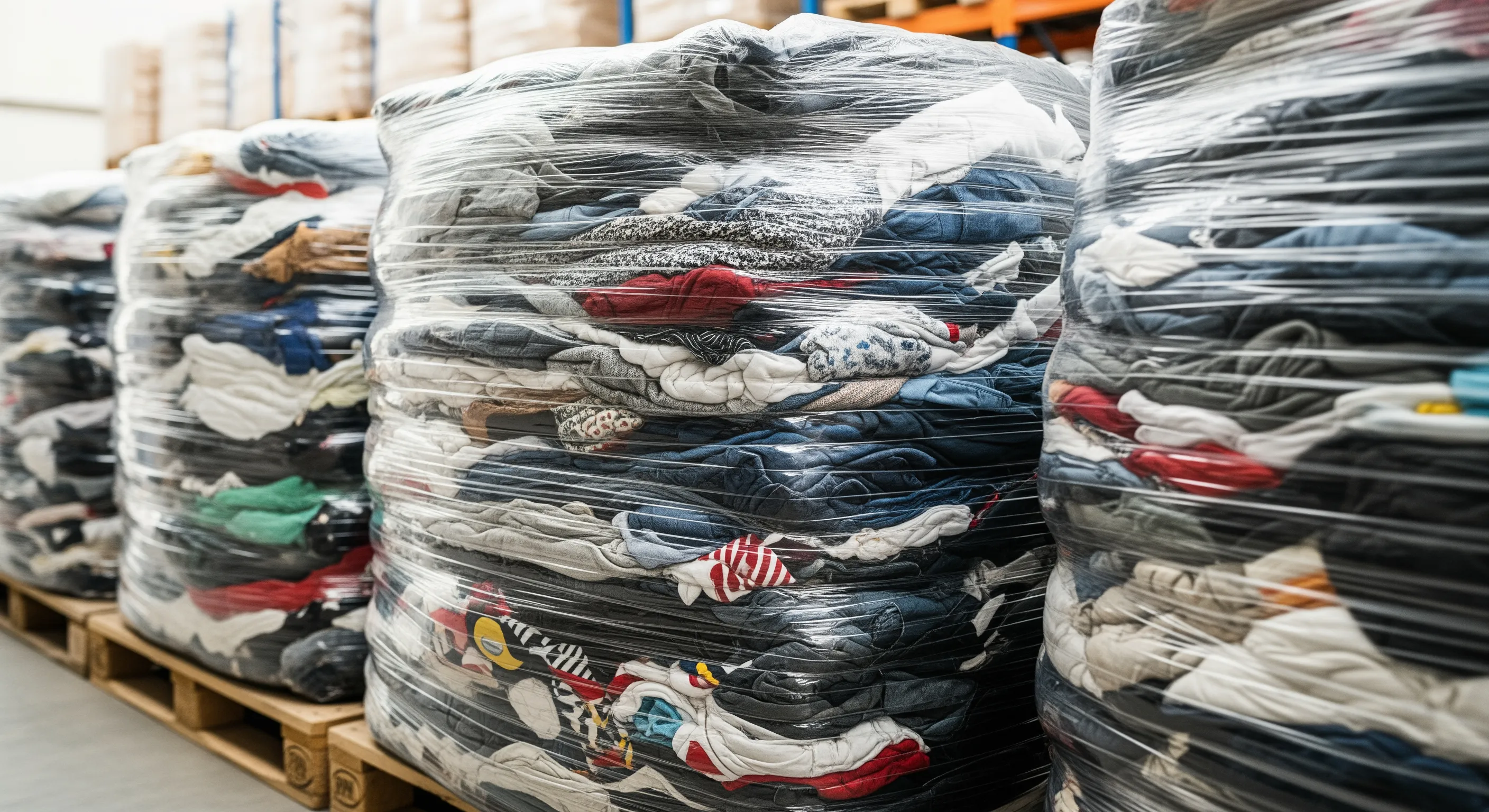 Close view of large wrapped bales with mixed used clothing packed on wooden pallets in a clean warehouse