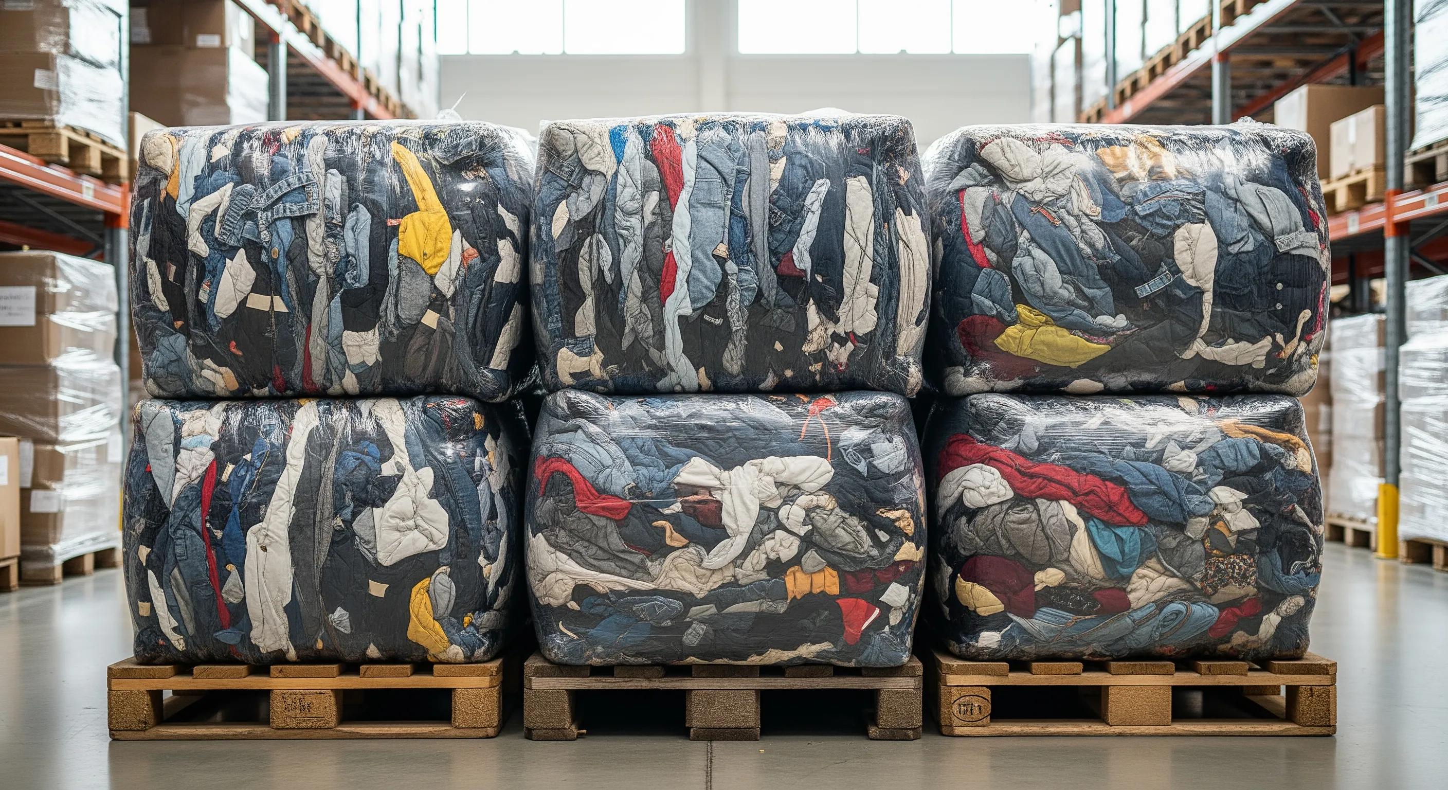 Close view of wrapped bulk bales of second-hand clothing stacked on pallets in a neat warehouse environment.