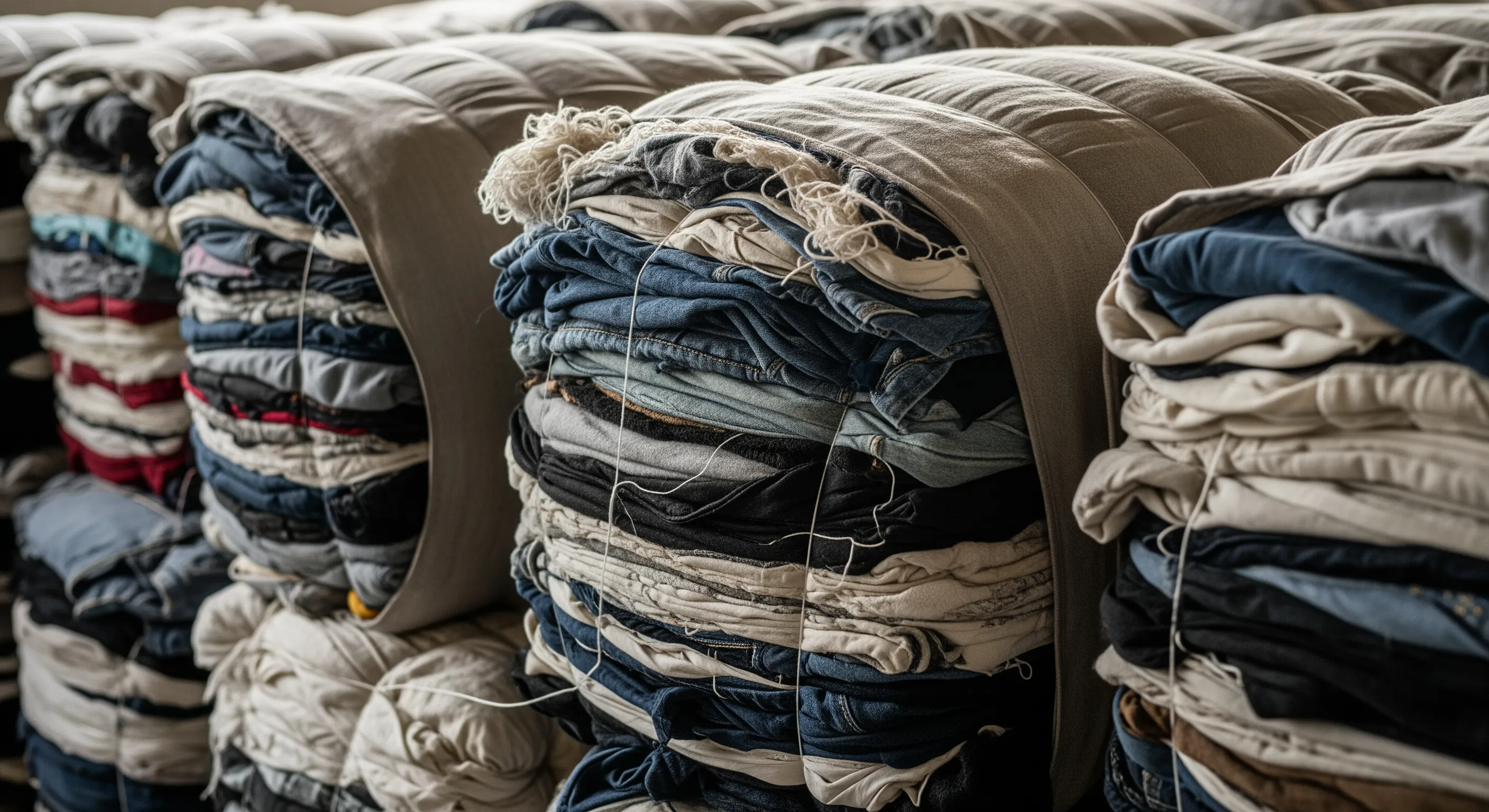 Close-up of large fabric-wrapped bales filled with mixed vintage second-hand clothes in a Milan warehouse environment