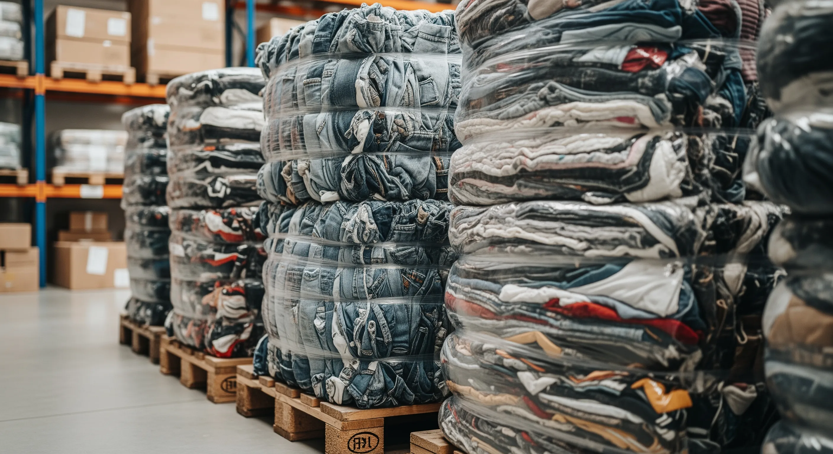 Mid-range shot showing tightly packed bales of second-hand wholesale clothing stacked on pallets inside a tidy warehouse.